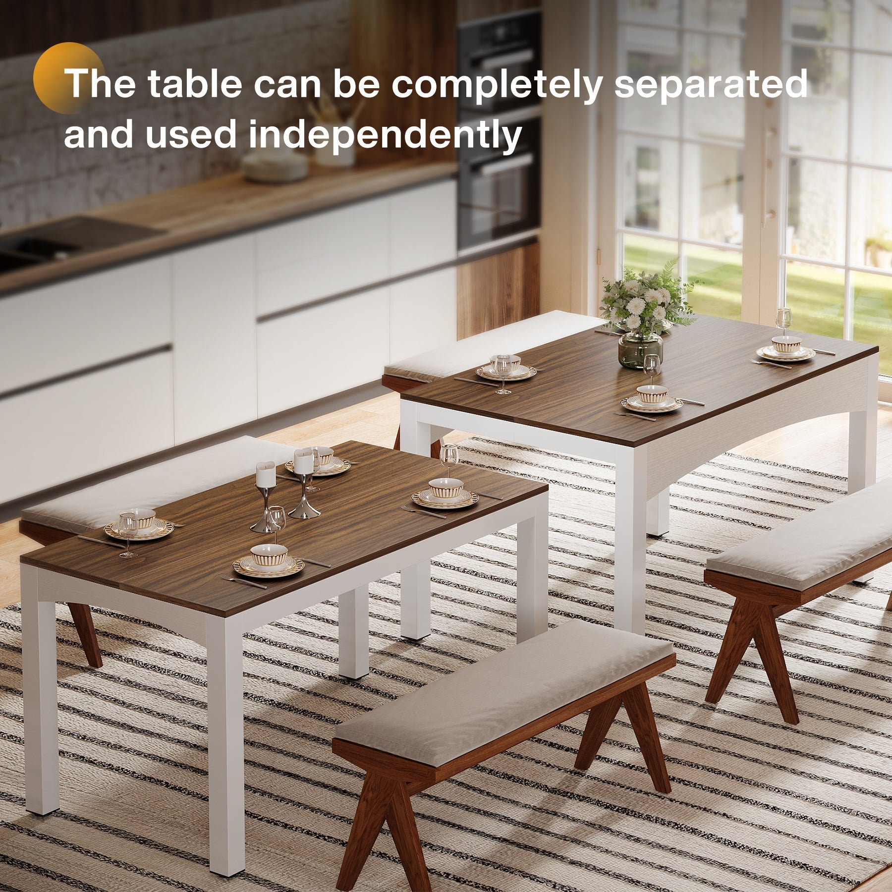 Extendable Dining Table, Farmhouse Kitchen Table for 6-10 People (Suitable for 152-254 cm)