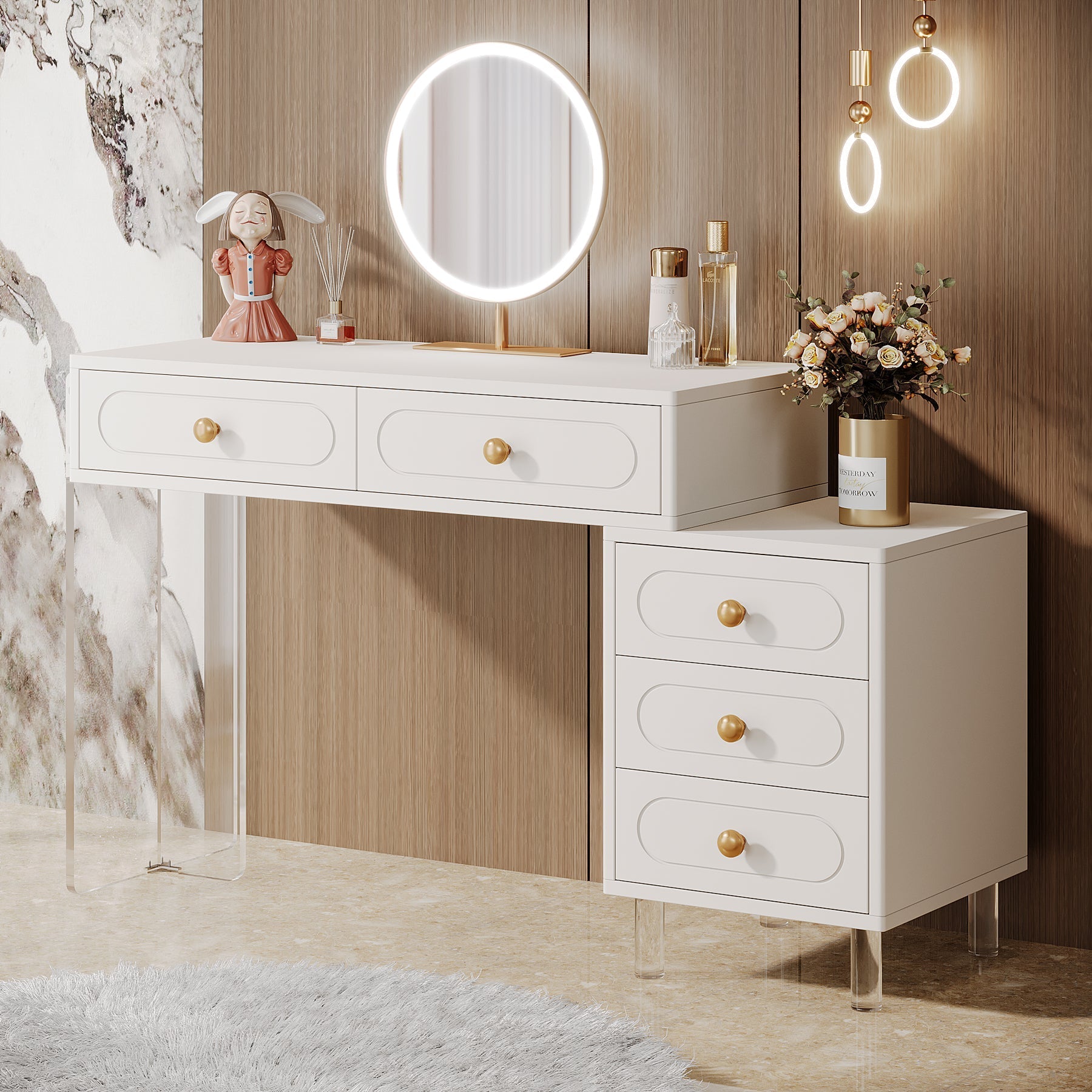 Extendable Makeup Vanity with 5 Drawers and Acrylic Base and Legs (Without Mirror) - Dimensions in cm