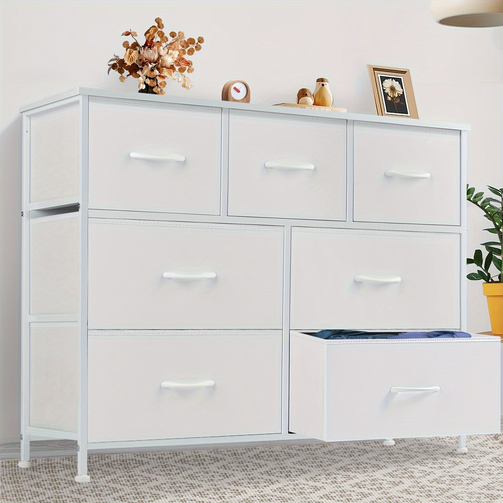 Dresser For Bedroom, Storage Cabinet, Fabric Closet Organizer With 7 Drawers, Dresser With Metal Frame And Wood Tabletop, Chest Storage Tower For Nursery, Living Room, Entryway For Lab Storage