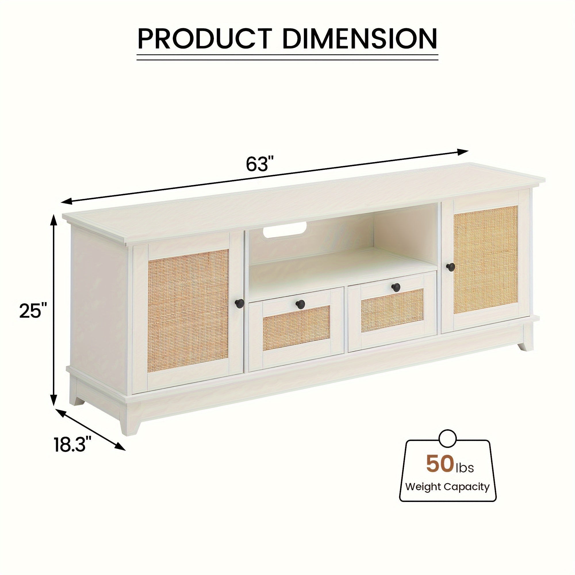 White Rattan TV Stand For 65 Inch TV, Modern Console Table With Storage For Living Room, Entertainment Center Cabinet 63 X 16 X 23 Inches, Mid Century Modern TV Stand