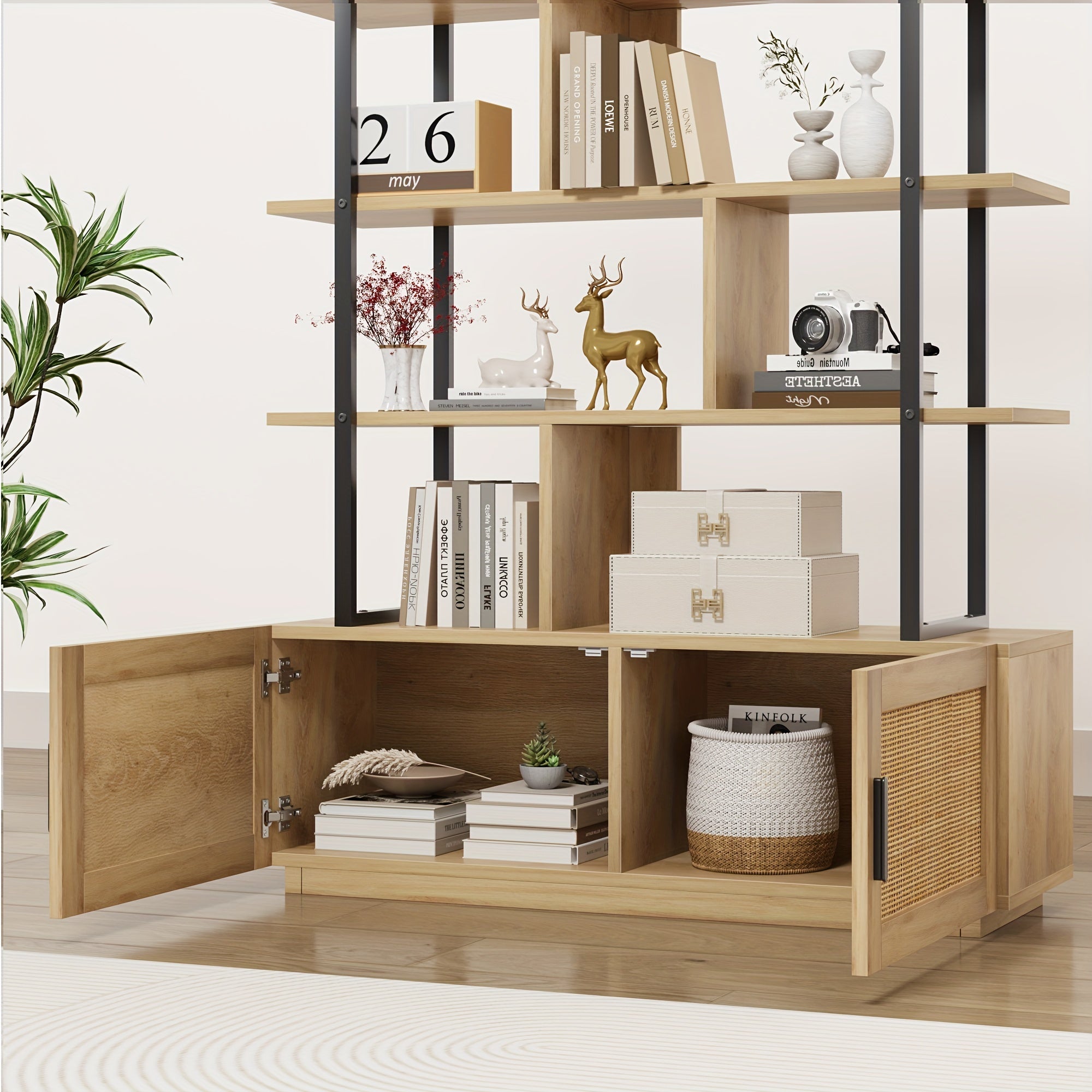 5 -Tier Rattan Bookshelf with Storage Cabinet & Door, 71.1''Tall Industrial Book Shelf with Open Display Shelves, Bookcase with Metal Frame for Living Room, Bedroom