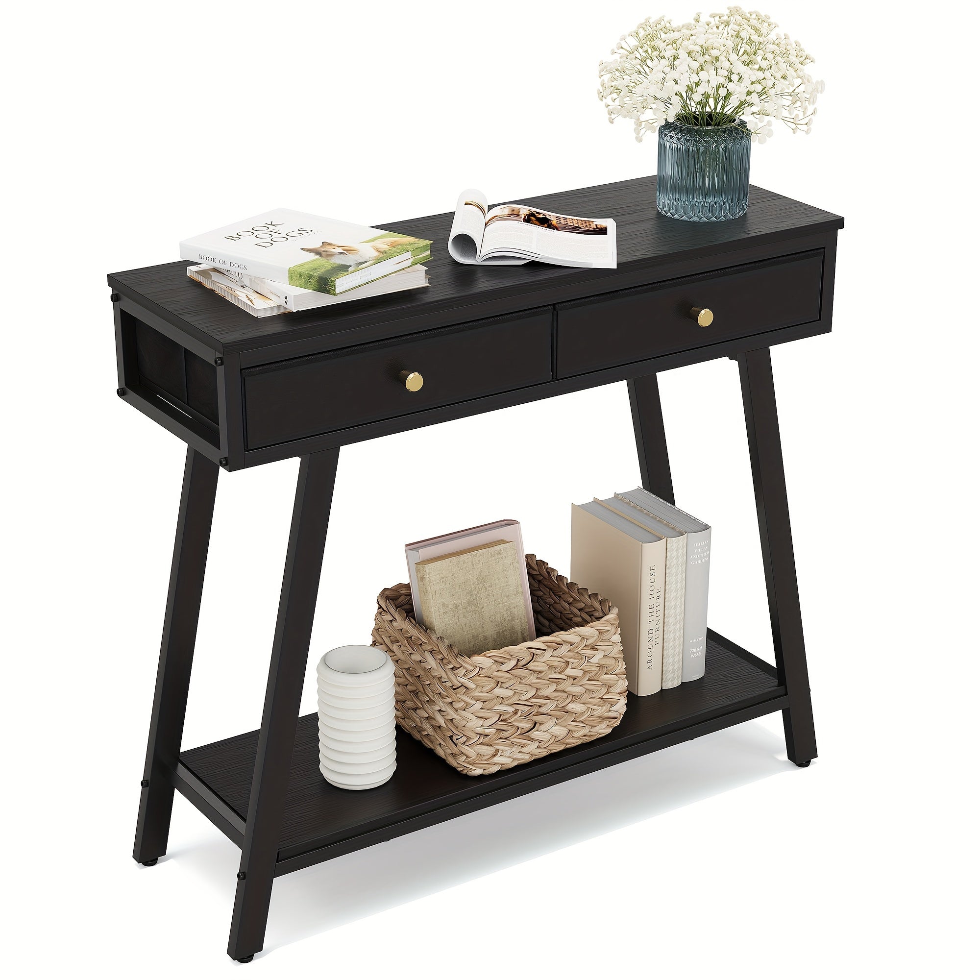 1pc Black 2-Tier Entryway Side Table, 2-Drawer Console Table (Dimensions in cm)