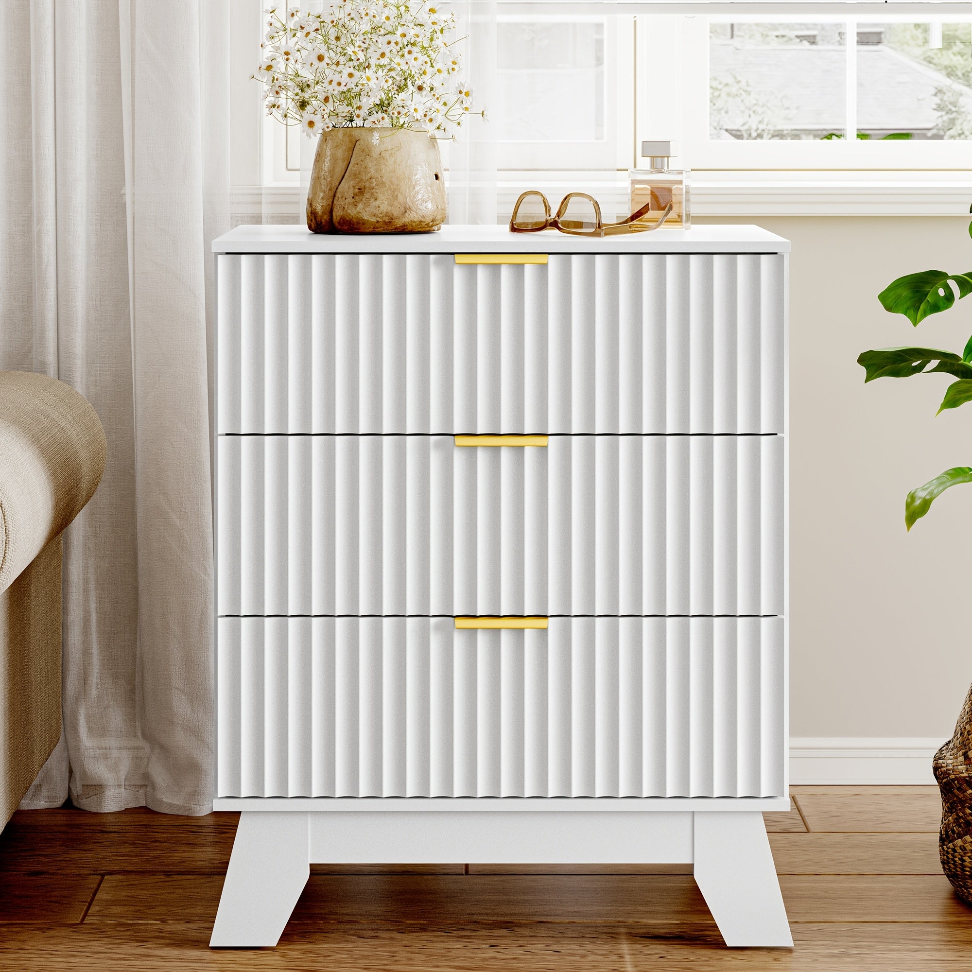 Elegant 3-Drawer White Wooden Dresser with Golden Handles - Modern Fluted Design, Medium-Density Fiberboard, Freestanding Nightstand for Bedroom, Easy Assembly