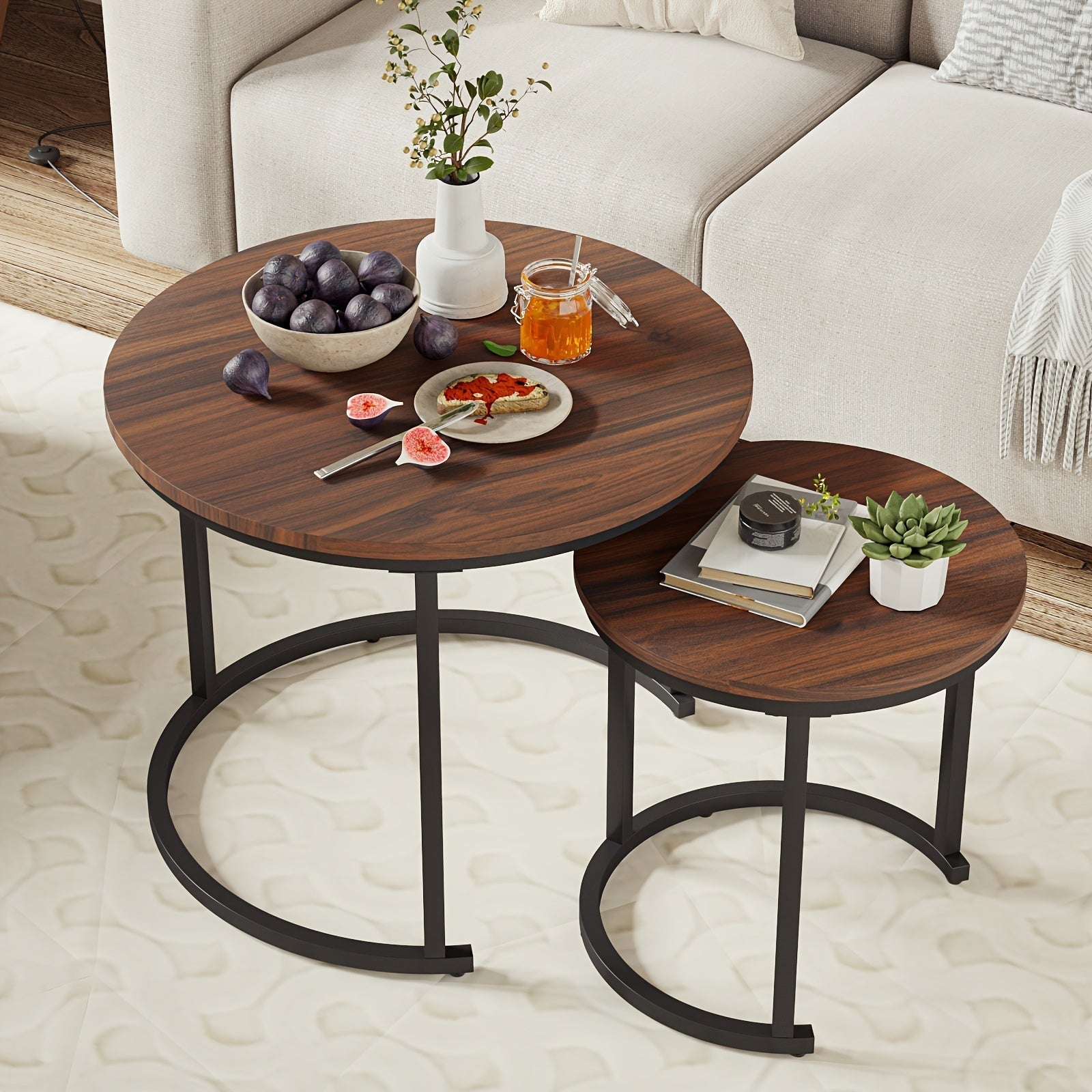 Coffee Tables for Living Room - Small Round Set of 2, Center Table with Solid Wood Grain Table Top and Sturdy Metal Frame, Nesting Tables for Small Spaces, Easy to Assemble