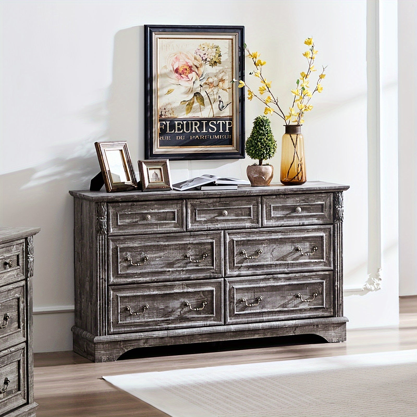 Farmhouse 7 Drawers Dresser, Dressers For Bedroom, 54" Wide Wood Rustic Chest Of Drawers With Carved Pilasters, Storage Organizer For Living Room, Hallway