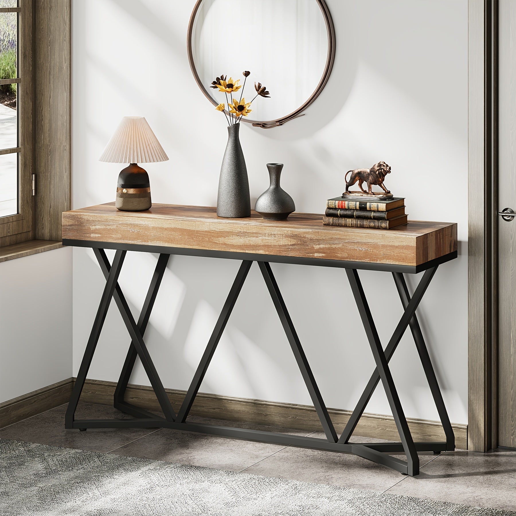 140 cm Farmhouse Industrial Entryway Table with Metal Base, Wood Console Sofa Table for Living Room, Hallway, Entrance - Black Frame with Brown Top, Under 90.7 L Storage Capacity, Over 68.6 cm Height