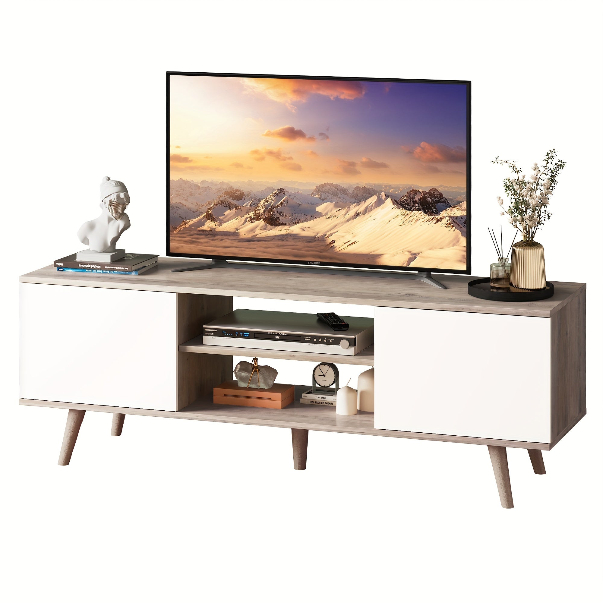 TV Stand For 55 60 Inch TV, Boho Entertainment Center With Storage Cabinets, TV Console For Living Room Decor