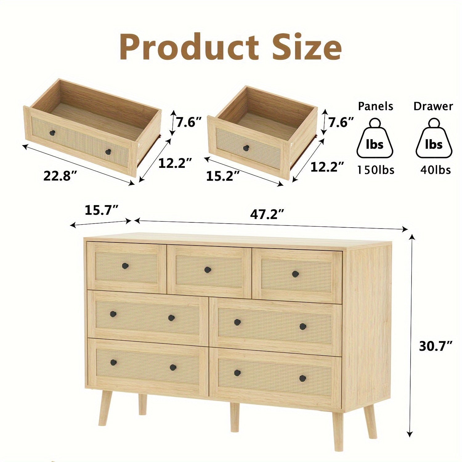 Natural Rattan Dresser For Bedroom, Modern Wood 7 Drawer Dresser With Gold Handles