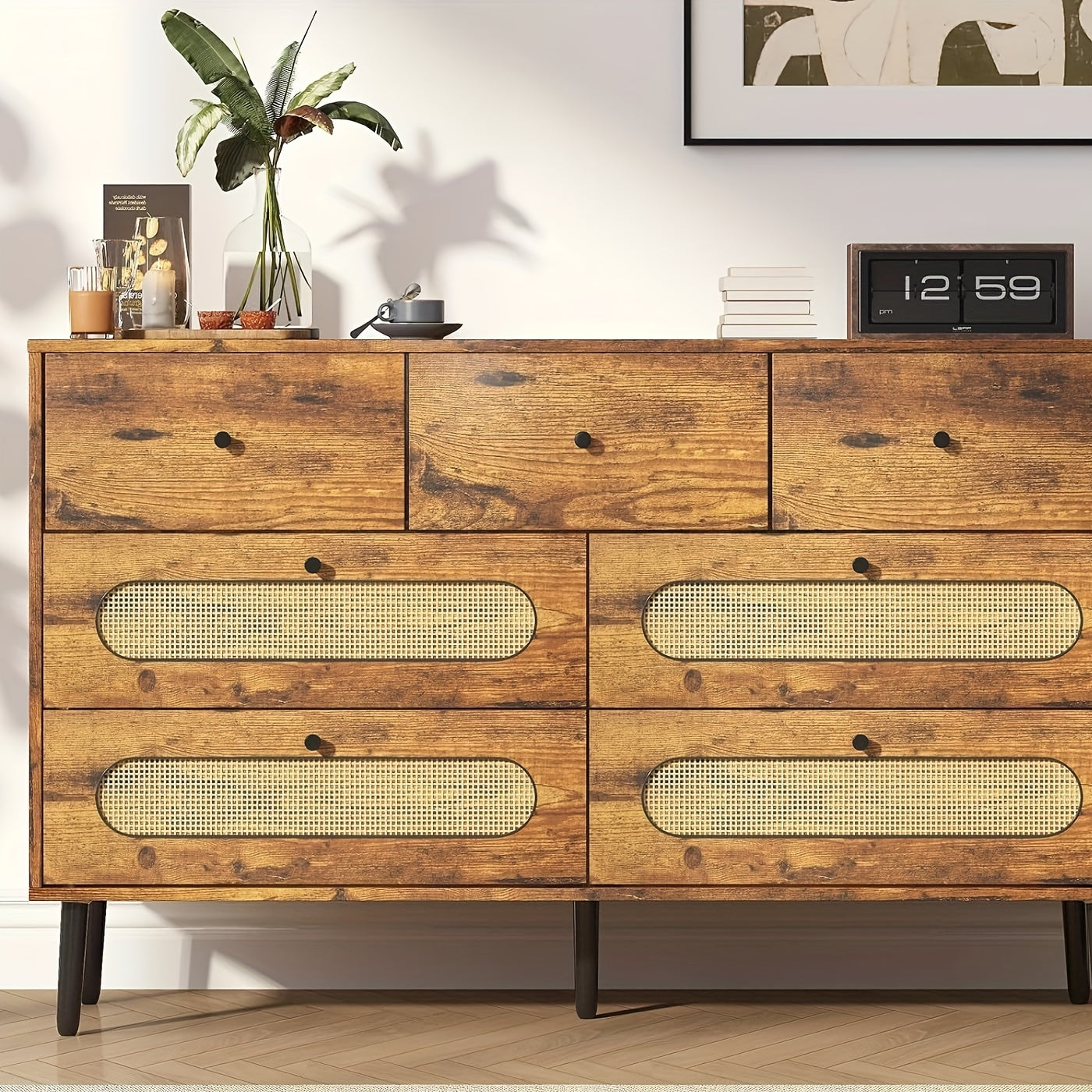 Dresser with 7 Drawers, Chest of Dressers for Bedroom, Chest Storage Organizer Units, Modern Wooden Dresser Chest with Rattan Decoration for Hallway, Entryway, Living Room