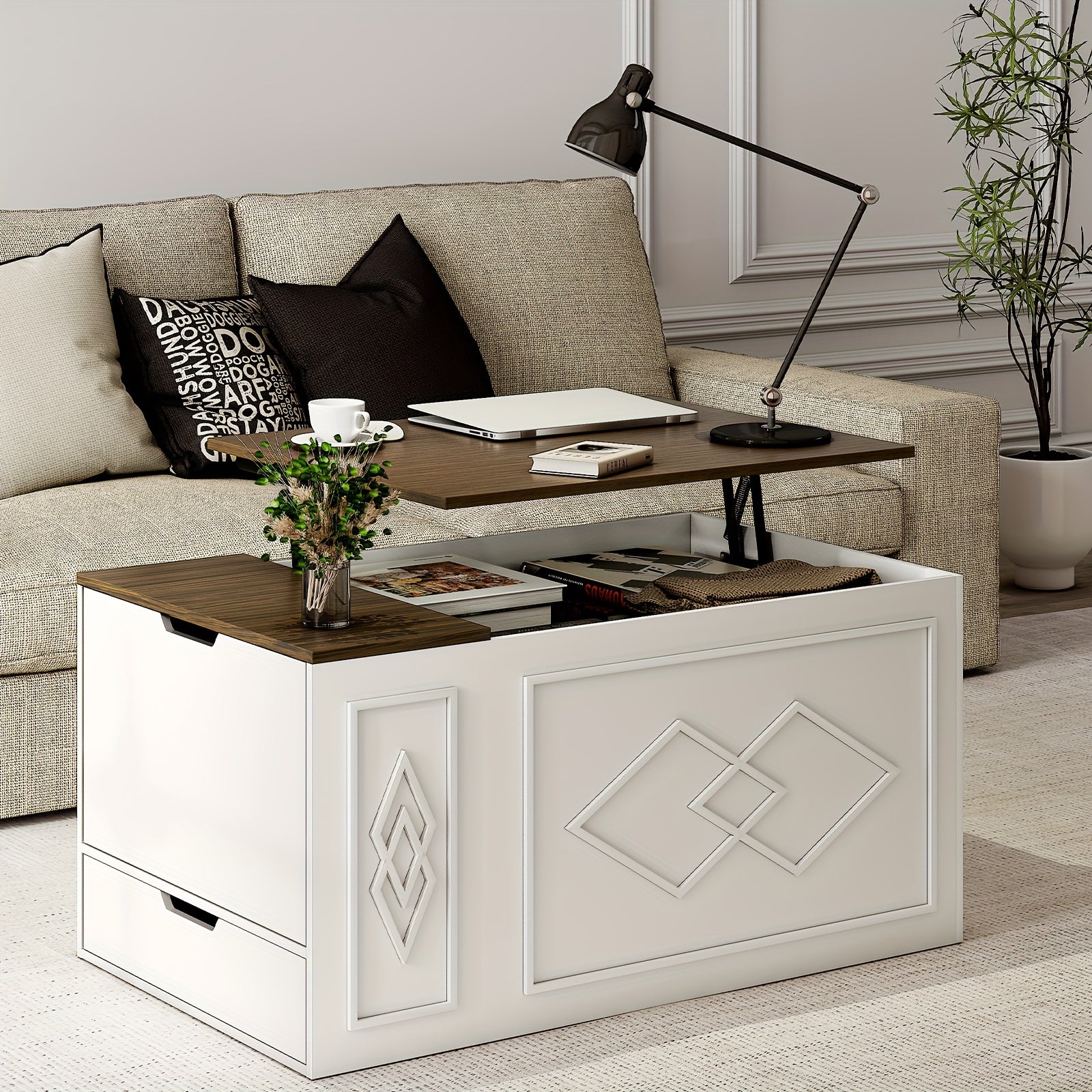 Lift Top Coffee Table, 99cm Farmhouse Coffee Table with 3 Large Hidden Storage, Rectangle Coffee Table for Living Room with Adjustable Shelf And Exquisite Door, White