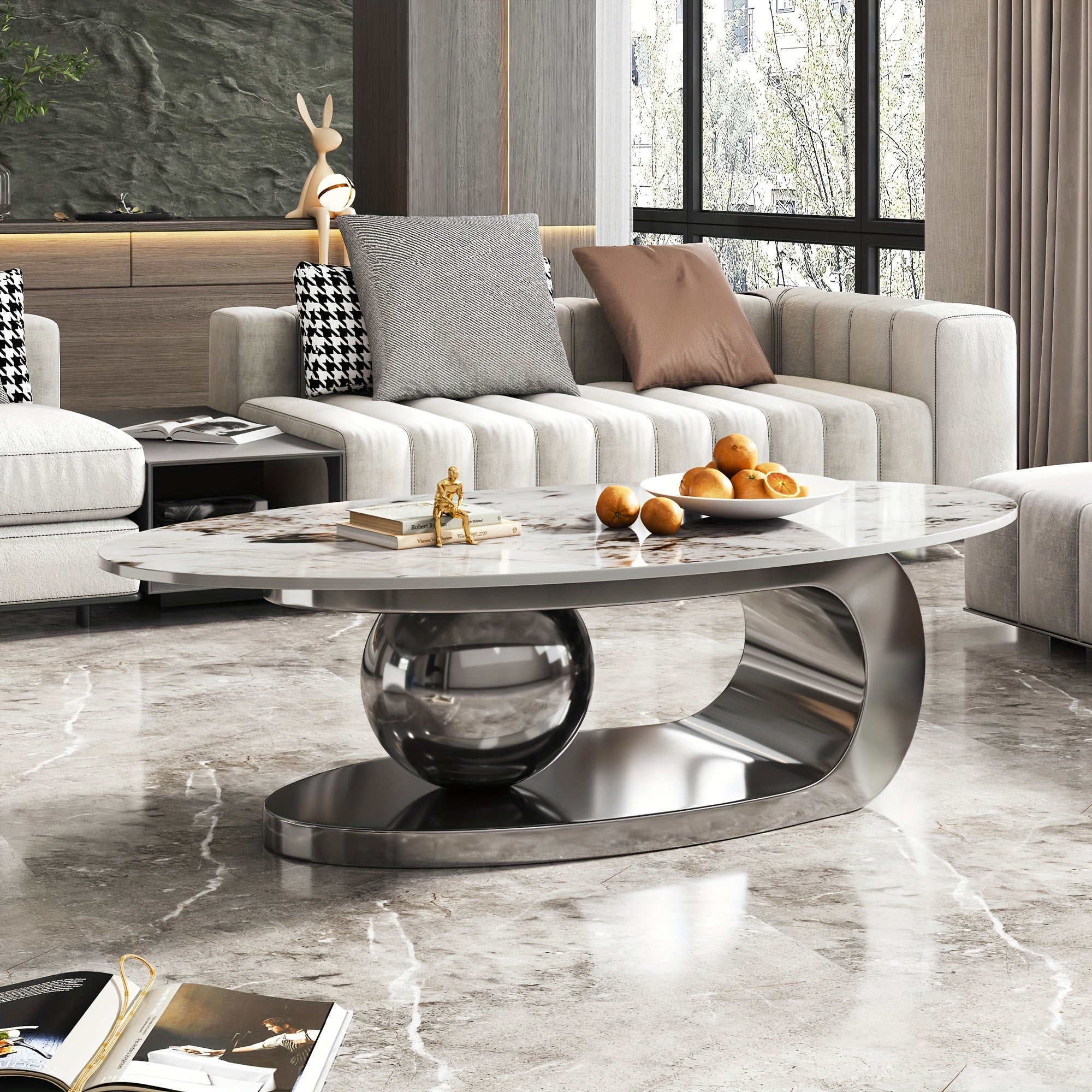 Exquisite Modern Oval Stone Coffee Table With Abstract Gold Gray Metal Base - Perfect Centerpiece For Stylish Living Rooms-Gold Gray 51" Lx27.6 Wx16.5 H.