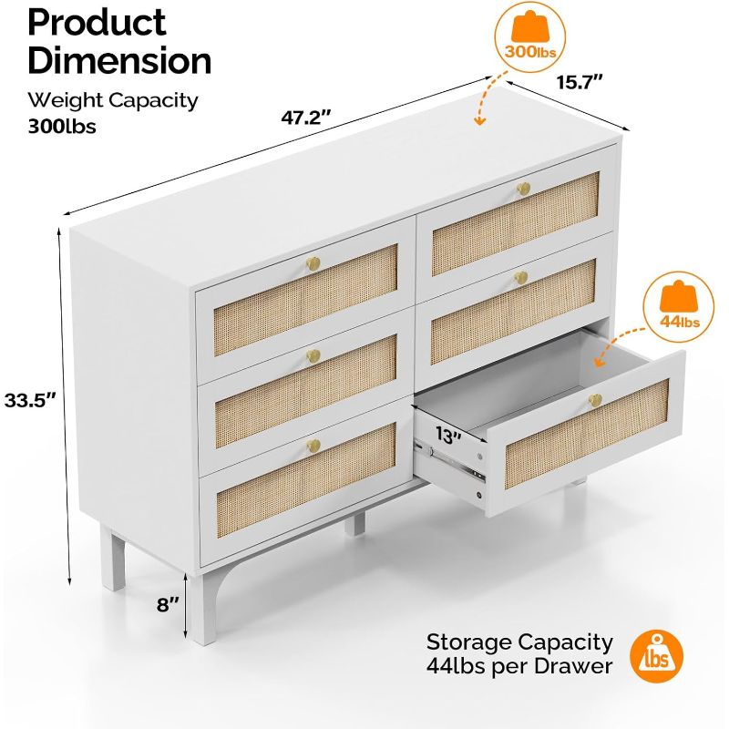 6 Drawer Dresser 120cm W, White Dresser for Bedroom, Rattan Dresser, Boho Dresser, Long Dresser TV Stand, Chest of Drawers, Wood Dresser with Real Rattan