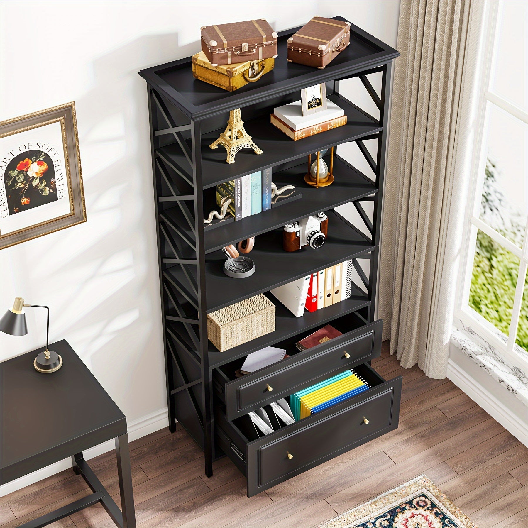 6-Tier Bookcase with 2 File Drawers,182cm Tall Narrow Bookshelf, Modern Heavy Duty Display Rack for Home Office, Living Room, Bedroom