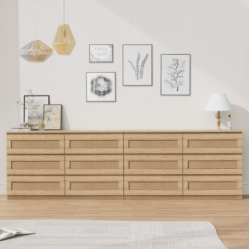 Rattan Dresser for Bedroom, Modern 6-Drawer Double Dresser with Anti-Tip Kit, Wood Storage Wide Chest of Drawers for Bedroom, Living Room, Hallway