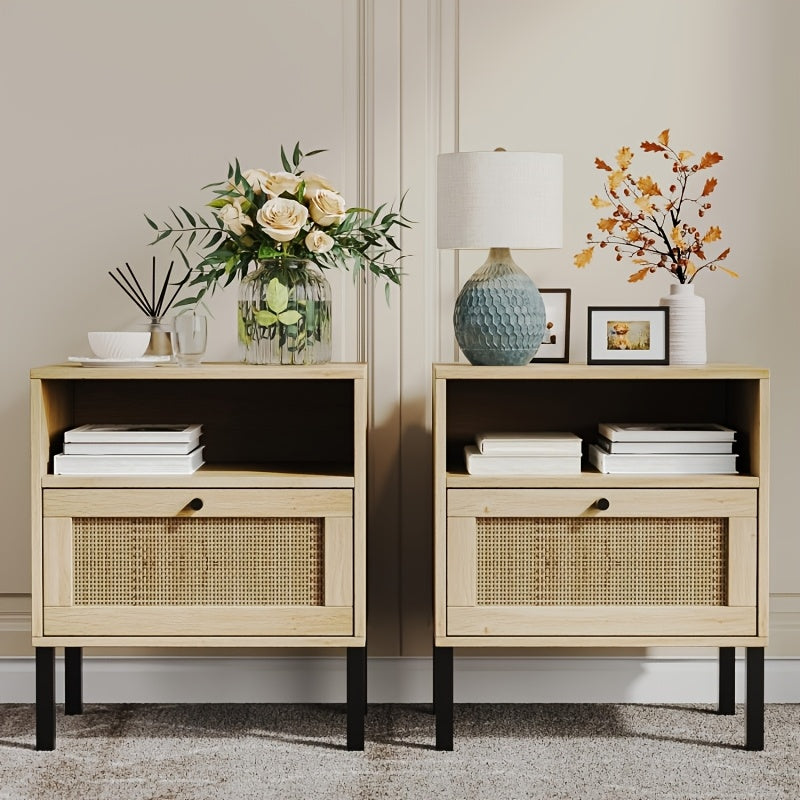 2pcs Rattan Nightstand Set, Bedside Table with Open Shelf And Door, Boho End Table (Set Of 2)