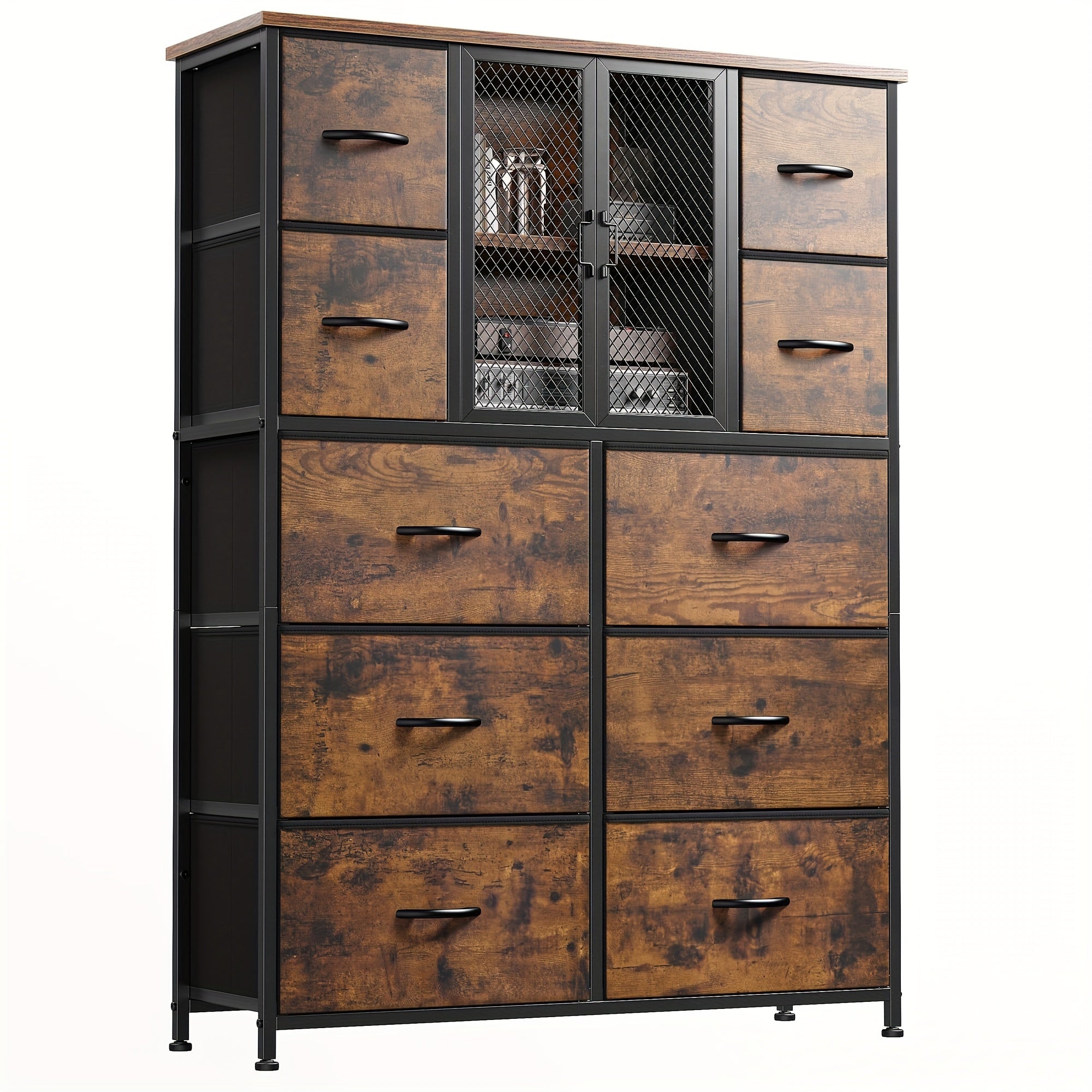 Dresser For Bedroom With Mesh Door Tall Dressers & Chests Of Drawers With 10 Fabric Drawer Morden Dresser Organizer, Metal Frame, Wood Top, For Closet, Entryway, Rustic Brown 38" Wx11.81 Dx48.1 H