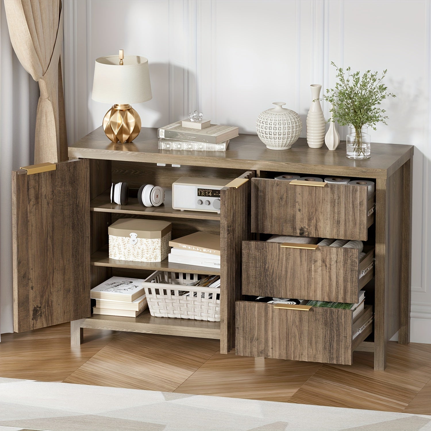 Fluted 3 Drawer Dresser For Bedroom, Modern Vintage Wooden Chest Of Drawers With Shelves, TV Stand Of Drawers