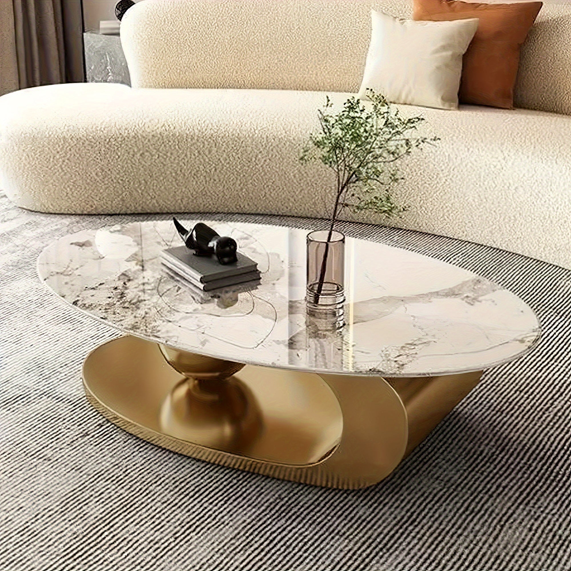 Marble Oval Coffee Table, Dining Table Dual-purpose Living Room 15.75inch High Coffee Table, Simple Small House Marble Golden Stainless Steel Metal Base, Coffee Table, Coffee Seat, Sent In Two Packs