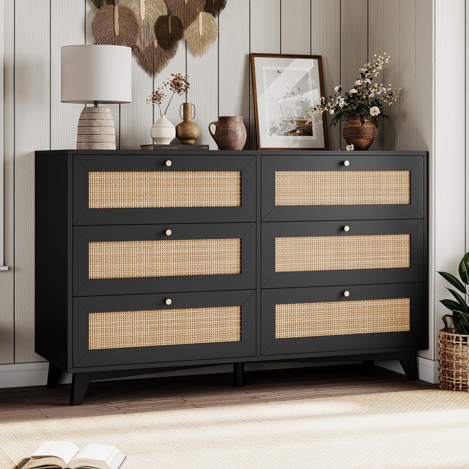 120cm Black Natural Rattan Dresser For Bedroom With 6 Drawers, Modern Double Wooden Wide Bedroom Dresser, Chest Of Drawers With Metal Handle & Solid Wood Legs For Bedroom/Living Room