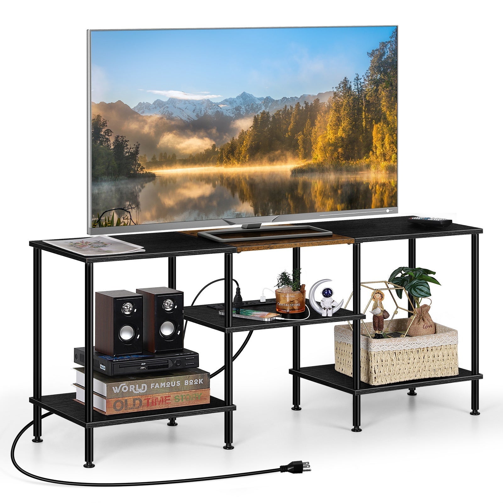 1pc Modern TV Stand for Up to 50-inch Screens - Metal and Hardwood Media Console with Storage, Power Outlets, and Adjustable Feet - MDF and Fiberboard Entertainment Center for Living Room or Bedroom