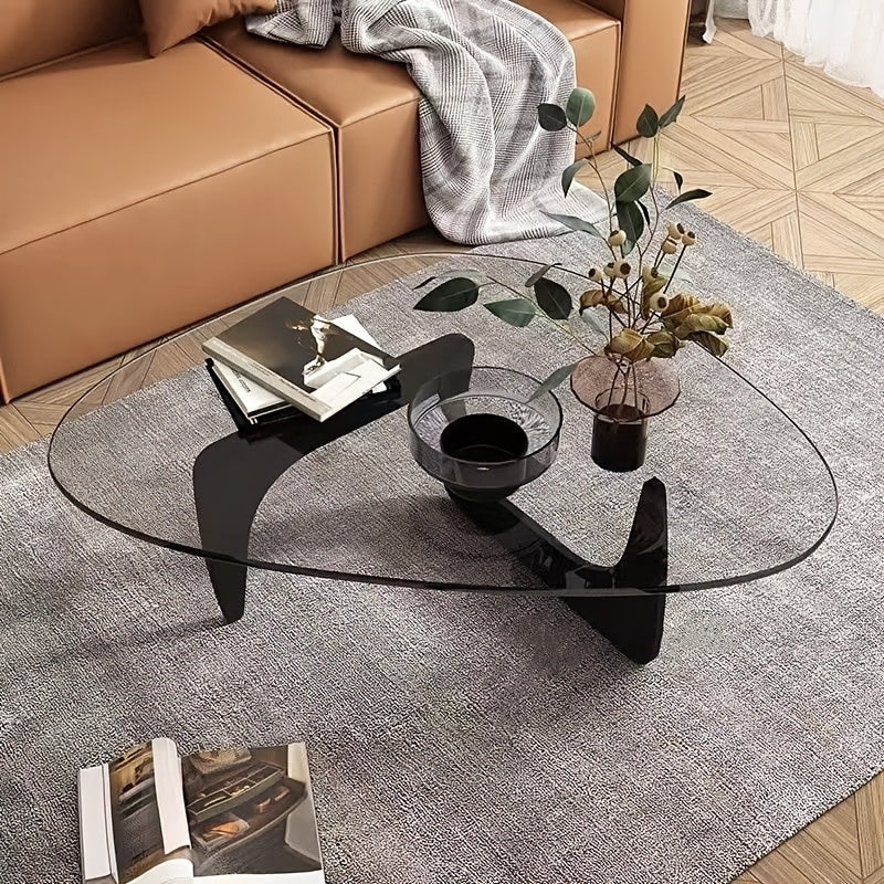 Mid-Century Modern Coffee Table - Triangle Glass Top Natural Wood Base Triangle Coffee Table For Living Room Patio Office Abstract End Tables (32.3 * 22.4 * 16in)