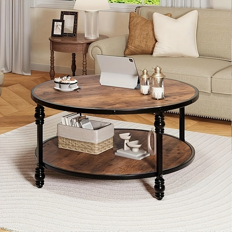 Round Coffee Table for Living Room Rustic Center Table with Storage Shelf Wood Circle Coffee Table with Sturdy Metal Legs, Easy Assembly