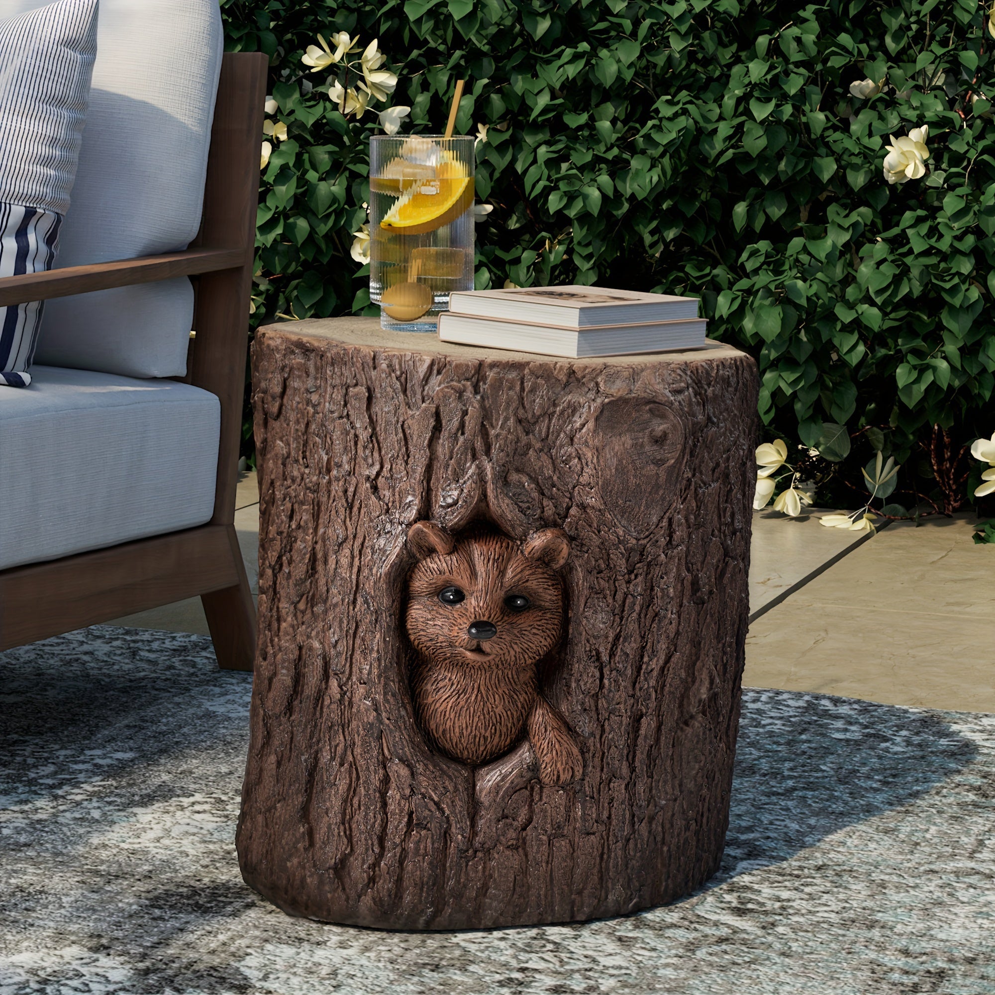 Concrete Side Table, Outdoor Side Table for Patio, 14" Squirrel Accent Table Patio Side Table End Table, Ceramic Side Table Garden Stool Log Table in Brown