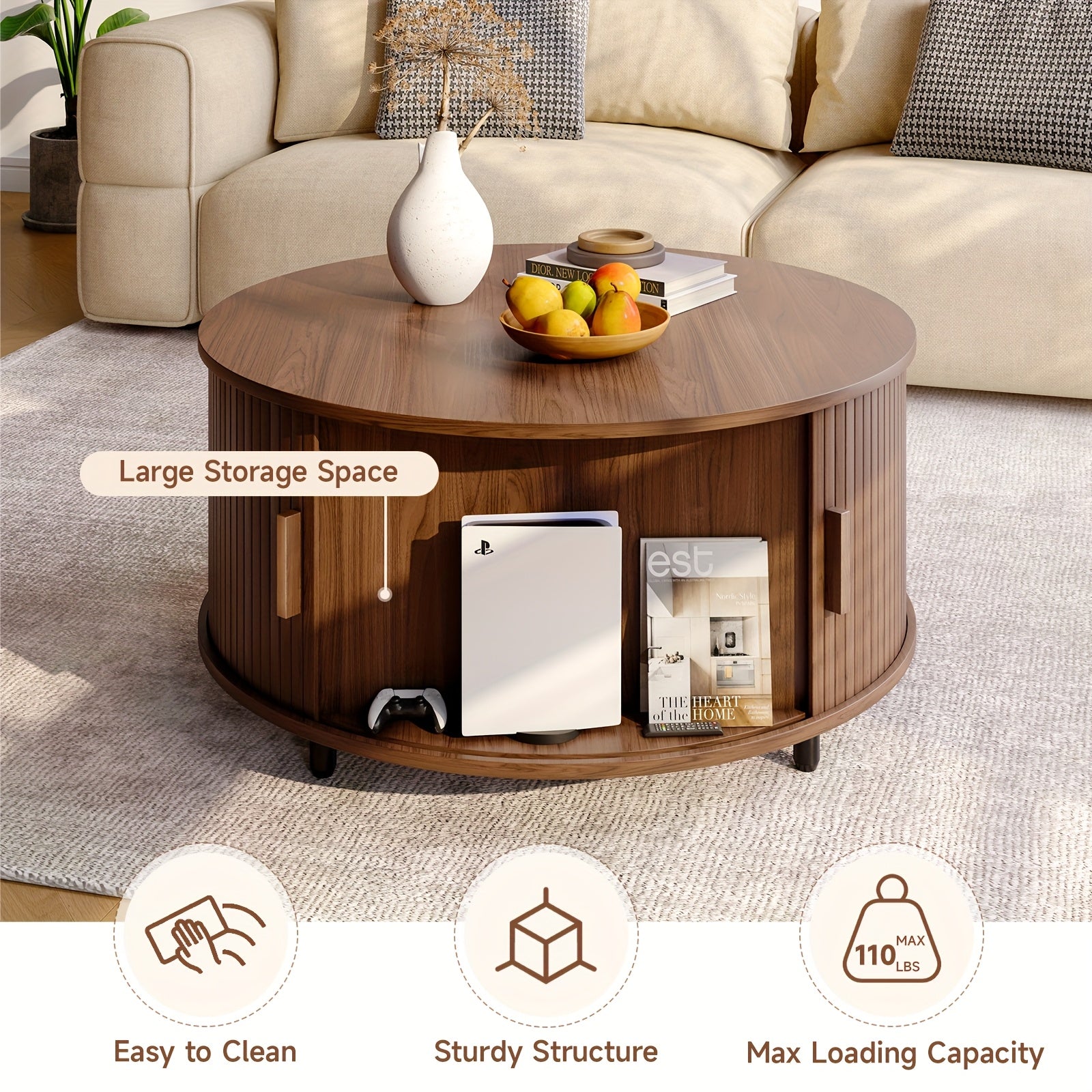 Wooden Round Coffee Table 80cm Center Table With Storage Space, 360° Curved Sliding Door And Adjustable Footrest Sofa Side Table For Family Living Room Walnut