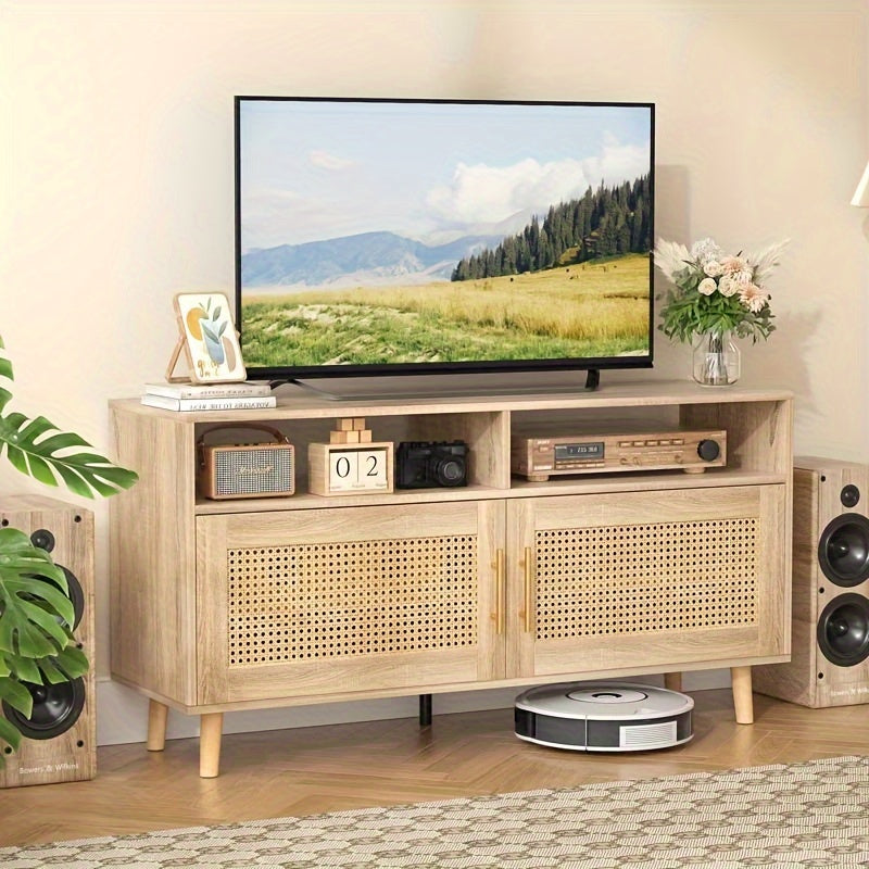 Rattan TV Stand for TVs up to 55", Entertainment Center with Adjustable Shelves, Rattan TV Console with 2 Cabinets, Media Console, for Living Room - Natural Oak