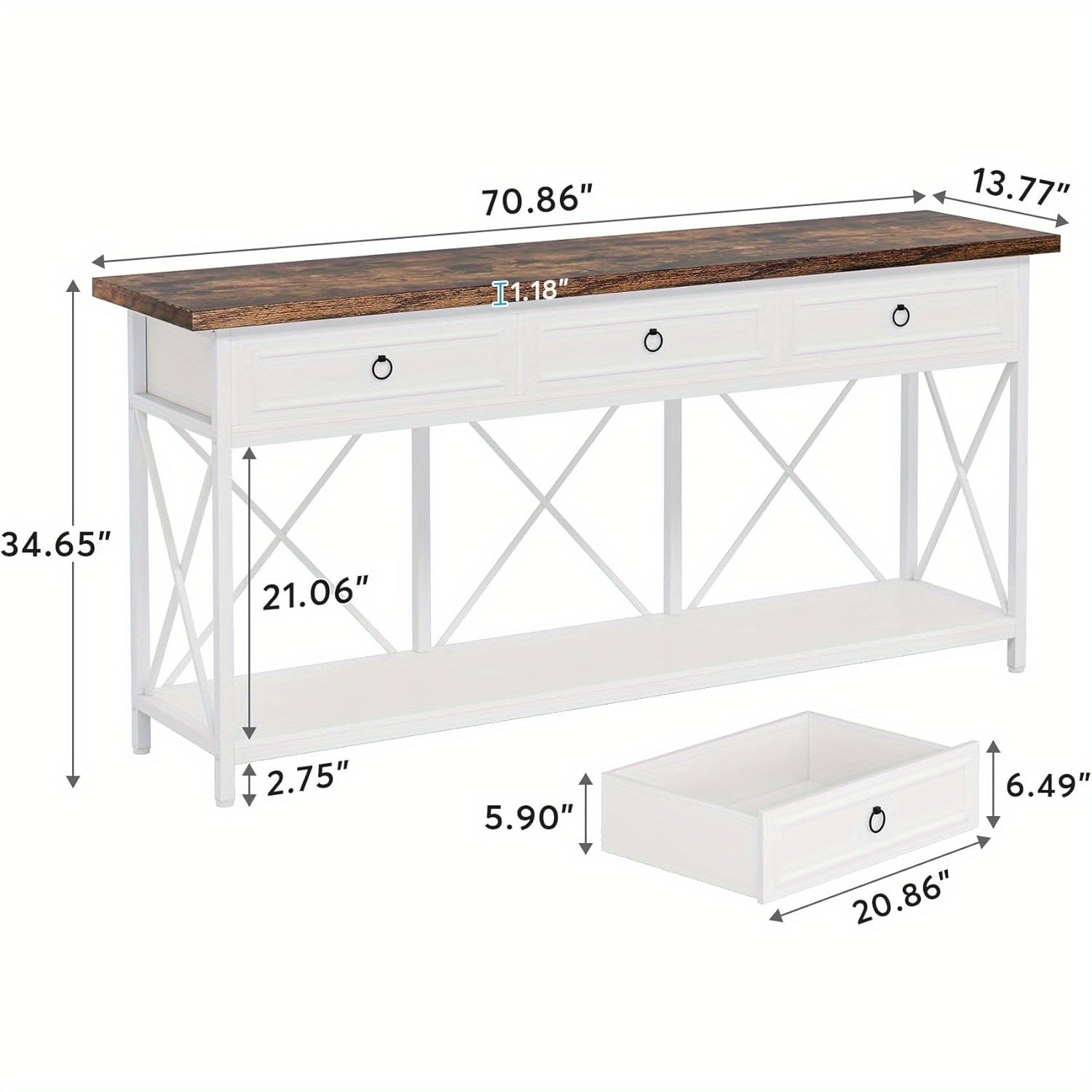 Farmhouse Entryway Table with Storage Shelf, Console Table with 3 Drawers, Narrow Long Sofa Foyer Table for Entryway, Hallway (Dimensions in cm)