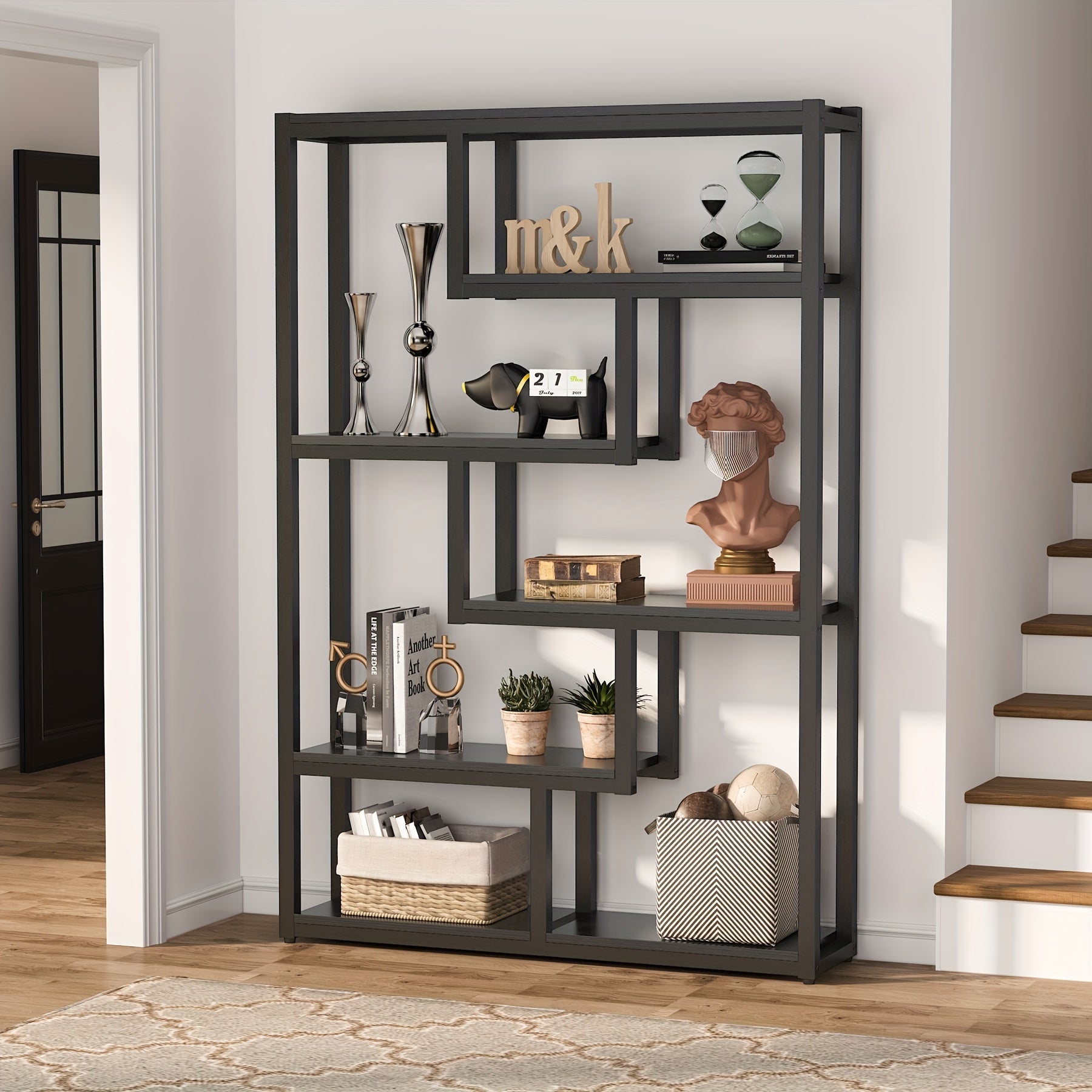 177cm Tall Modern 6-Shelf Bookshelf, Industrial Staggered Etagere Bookcase With Robust Metal Frame For Display And Storage