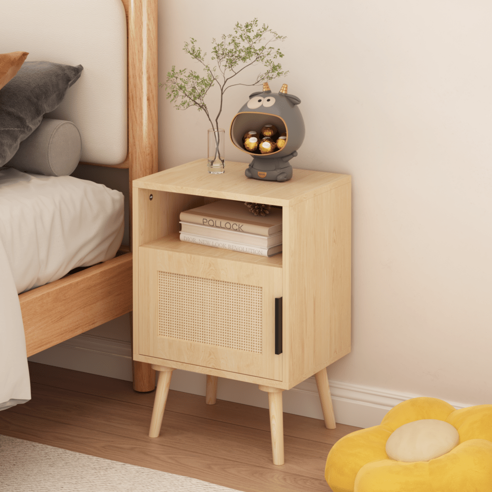 Chic Oak Rattan Nightstand with Open Shelf - 22.83'' H Side Table, Solid Wood Legs & Door Storage, Ideal for Bedroom, Dorm & Small Spaces, Durable MDF Construction, Bedroom Decor