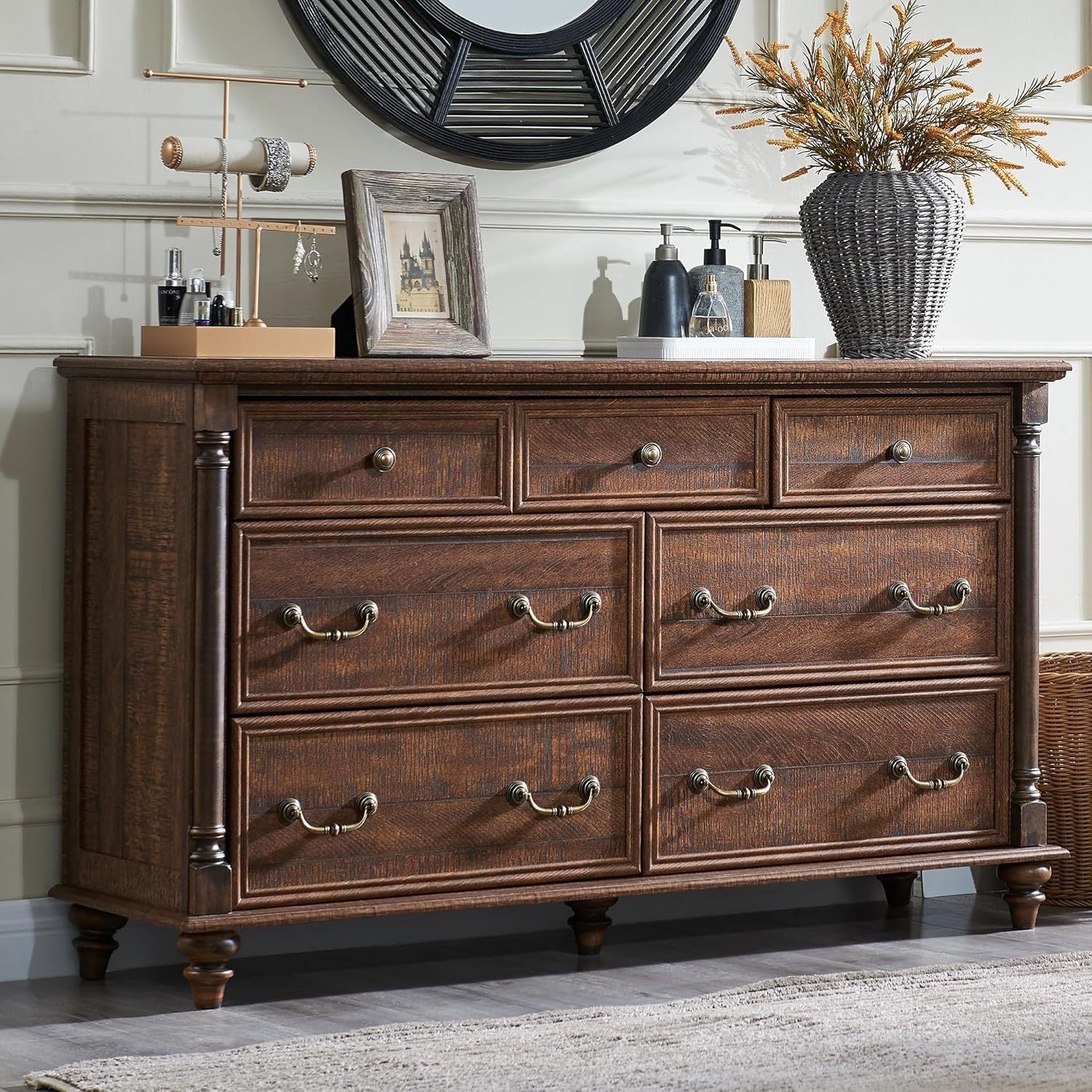 Farmhouse 7-Drawer Dresser Chests for Bedroom with 4 Solid Wood Feet & Column Decoration, Tall and Wide Wood Country Rustic Chest of Drawers, Storage Dressers for Bedroom and Living Room.