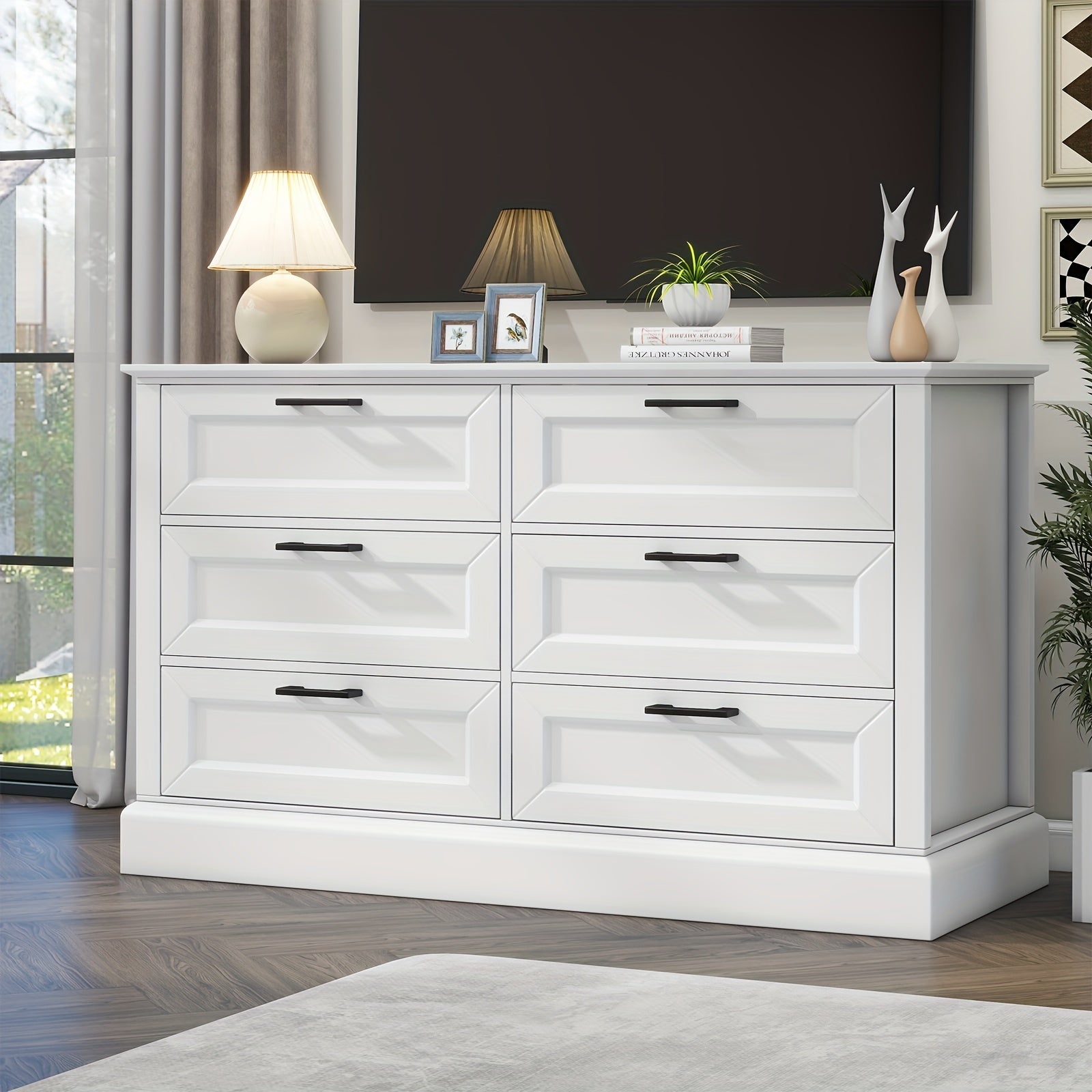 6 drawer dresser, Wooden Modern Style Wide Chest of Drawers, Storage Dressers Organizer for Bedroom, Living Room, Children's Room, White