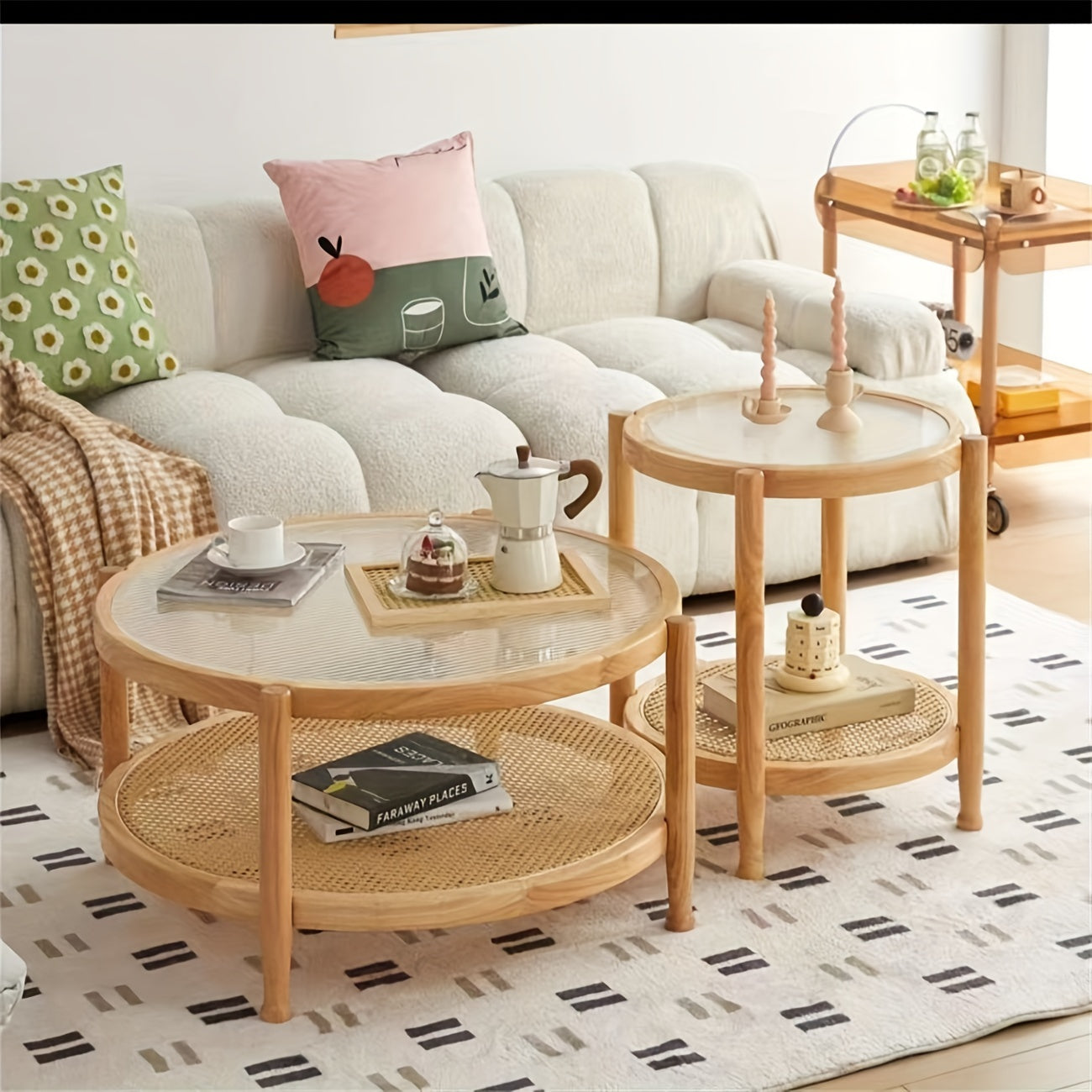 Modern Rattan Woven Tea Table With Glass Desktop, Chinese Simple Round Double-Layer Side Table, Solid Wood Coffee Table For Dining Living Room Lounge Bedroom