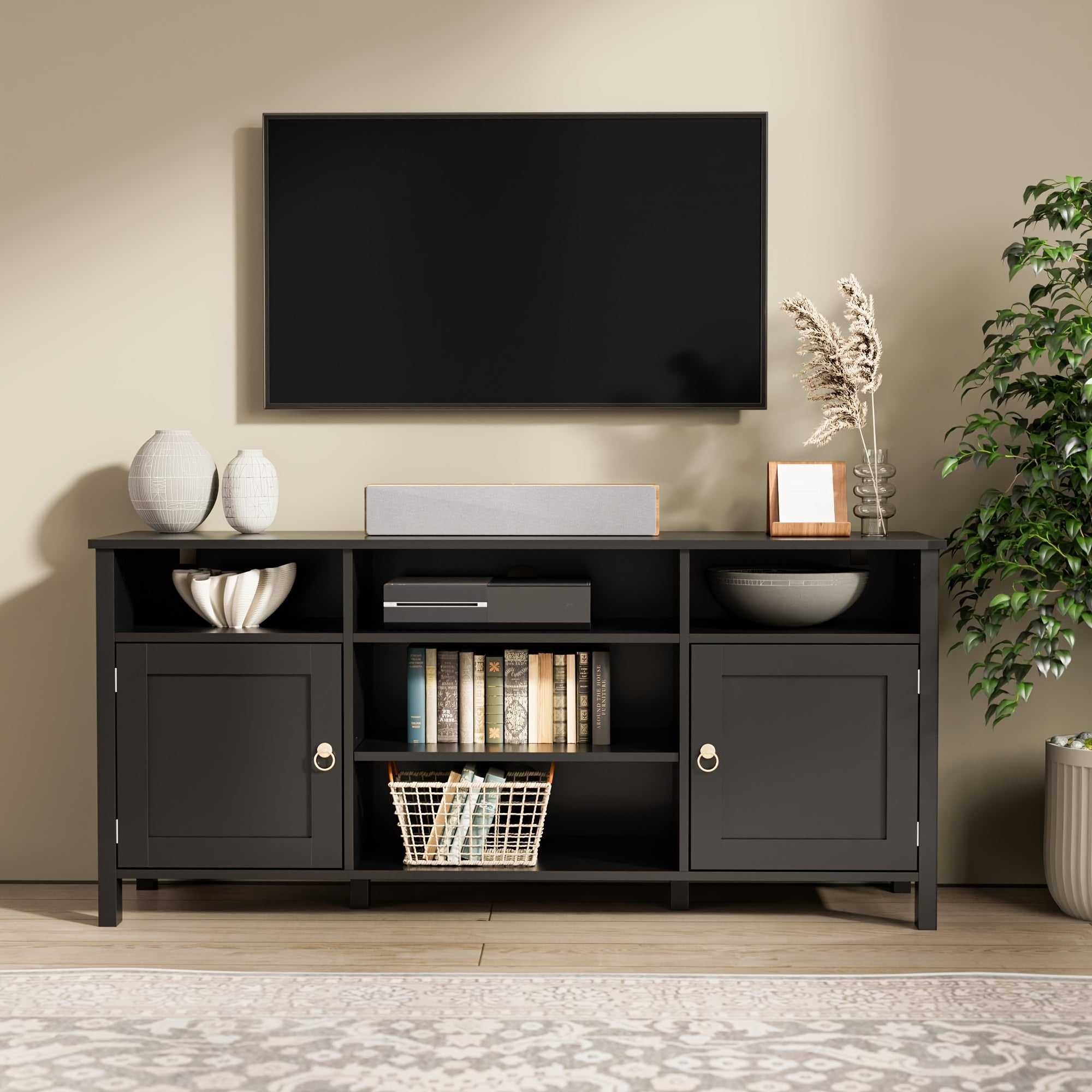 Farmhouse TV Stand For TVs Up To 60 Inch, Modern Entertainment Center, TV Console With Storage Cabinet, Media Console With Barn Ring Pulls