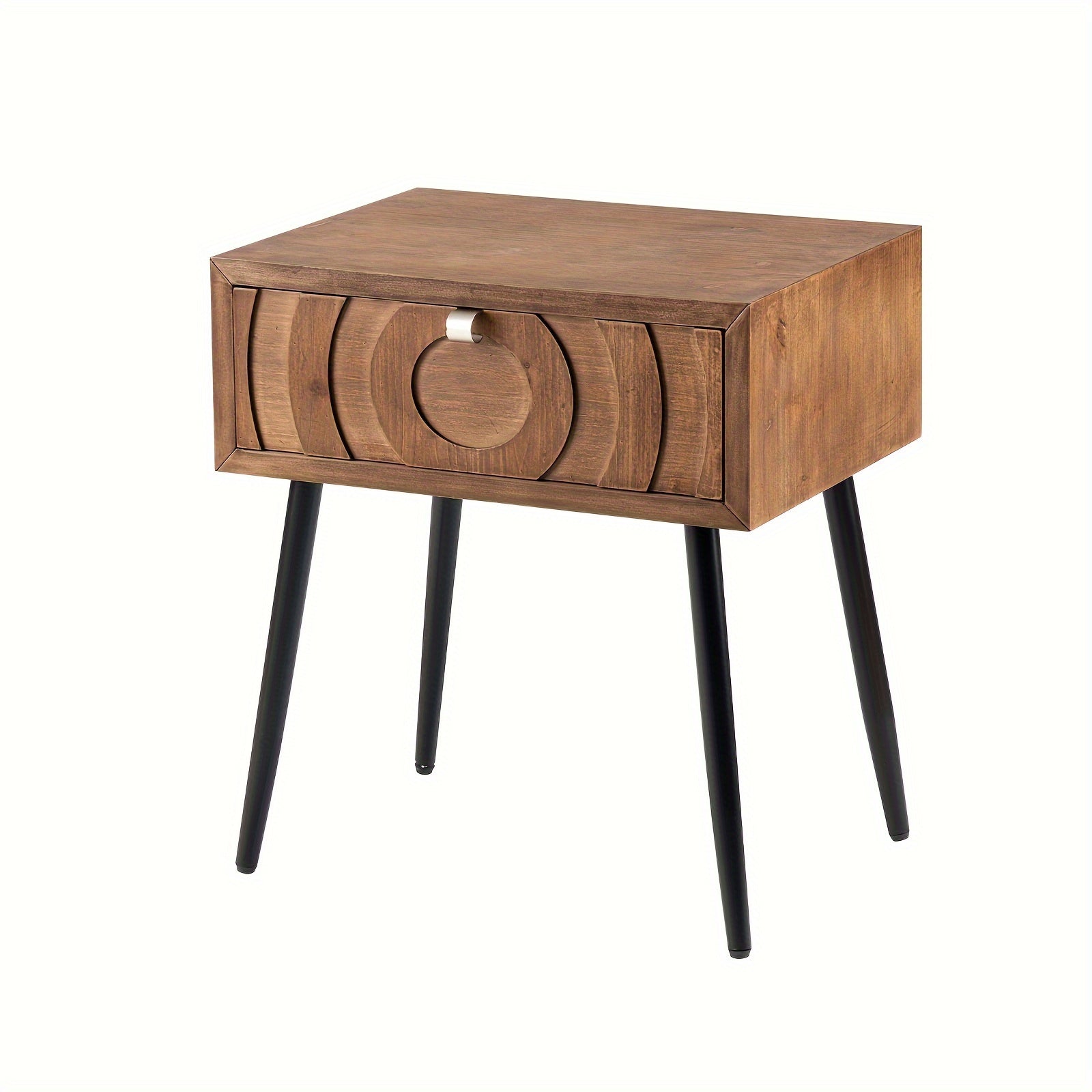 Wood End Side Accent Table Modern Concentric Circle Pattern Nightstand With Storage For Living Room Or Bedroom, Christmas Holiday Decoration Table