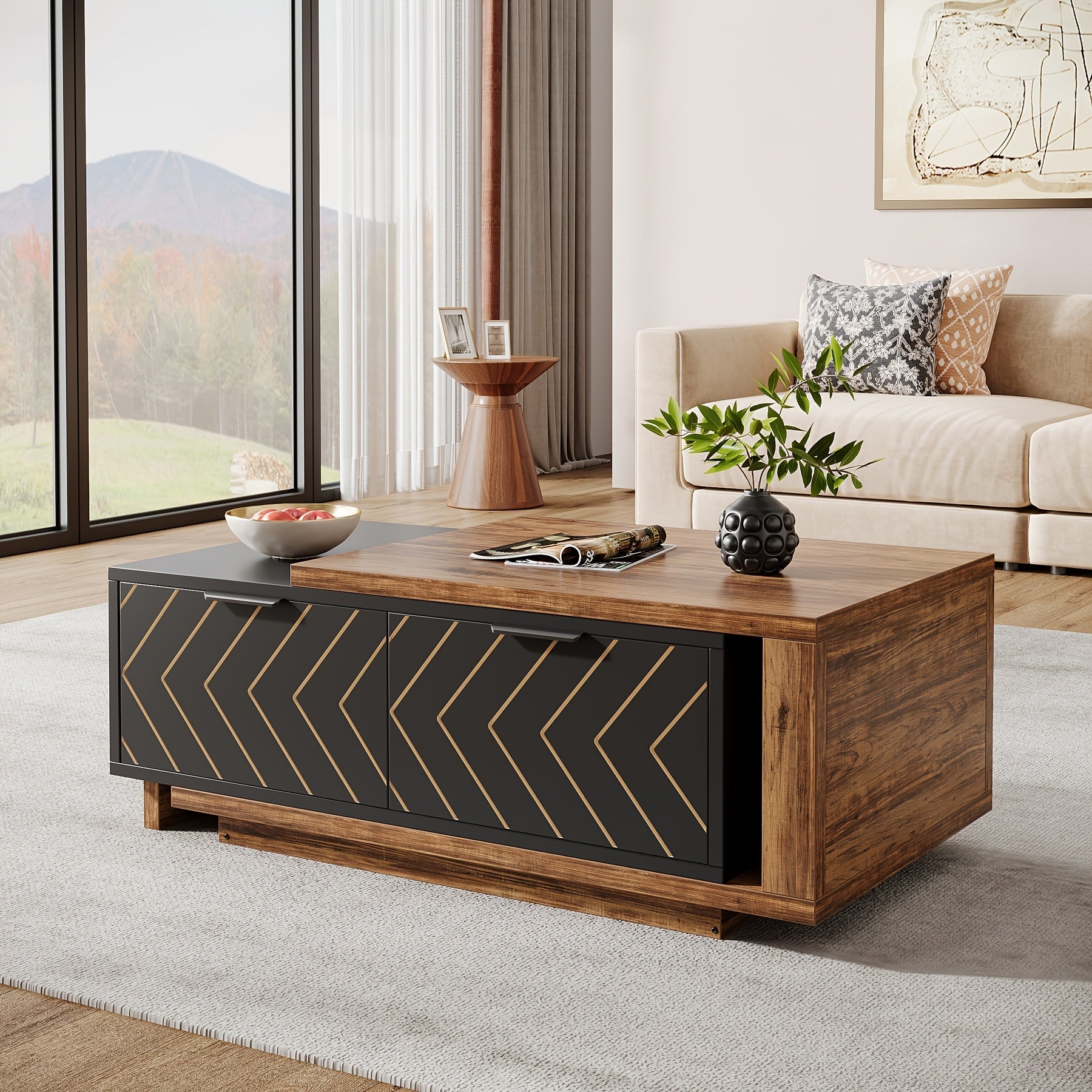 Versatile Dual-Tone Extendable Coffee Table - 106cm Adjustable, Reversible Wood Centerpiece with Spacious Storage Drawers for Living Room