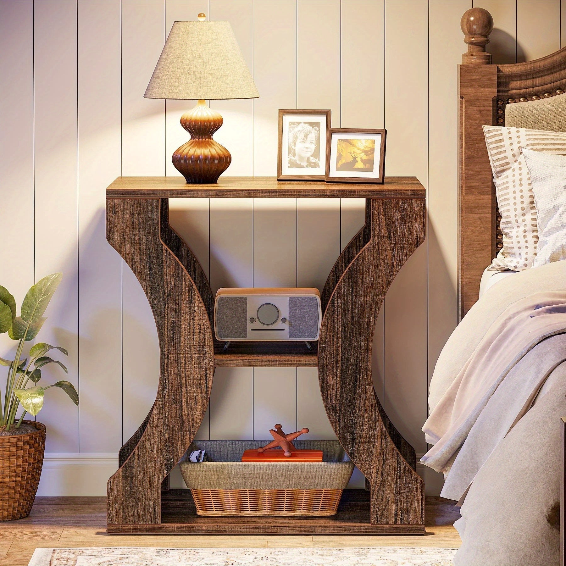 60cm Side Table, 3 Tier Farmhouse Side Table with Storage Shelves, can be used as a bedroom nightstand, coffee table