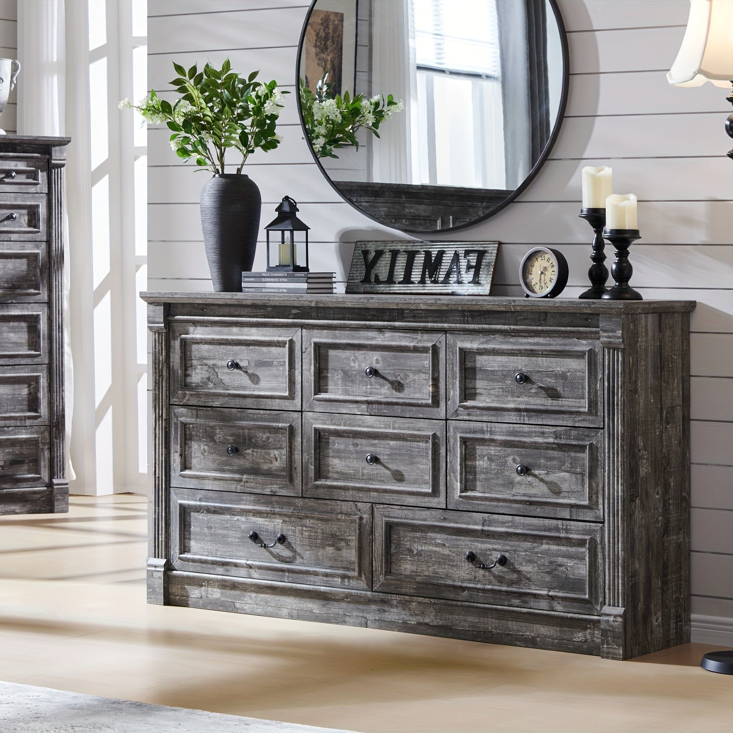 Elegant Farmhouse 155cm Wide White Dresser with Roman Columns - 8 Drawer Organizer, Two Sizes, Ideal for Bedroom & Living Room, Sturdy Hardwood Construction, Dresser for Bedroom