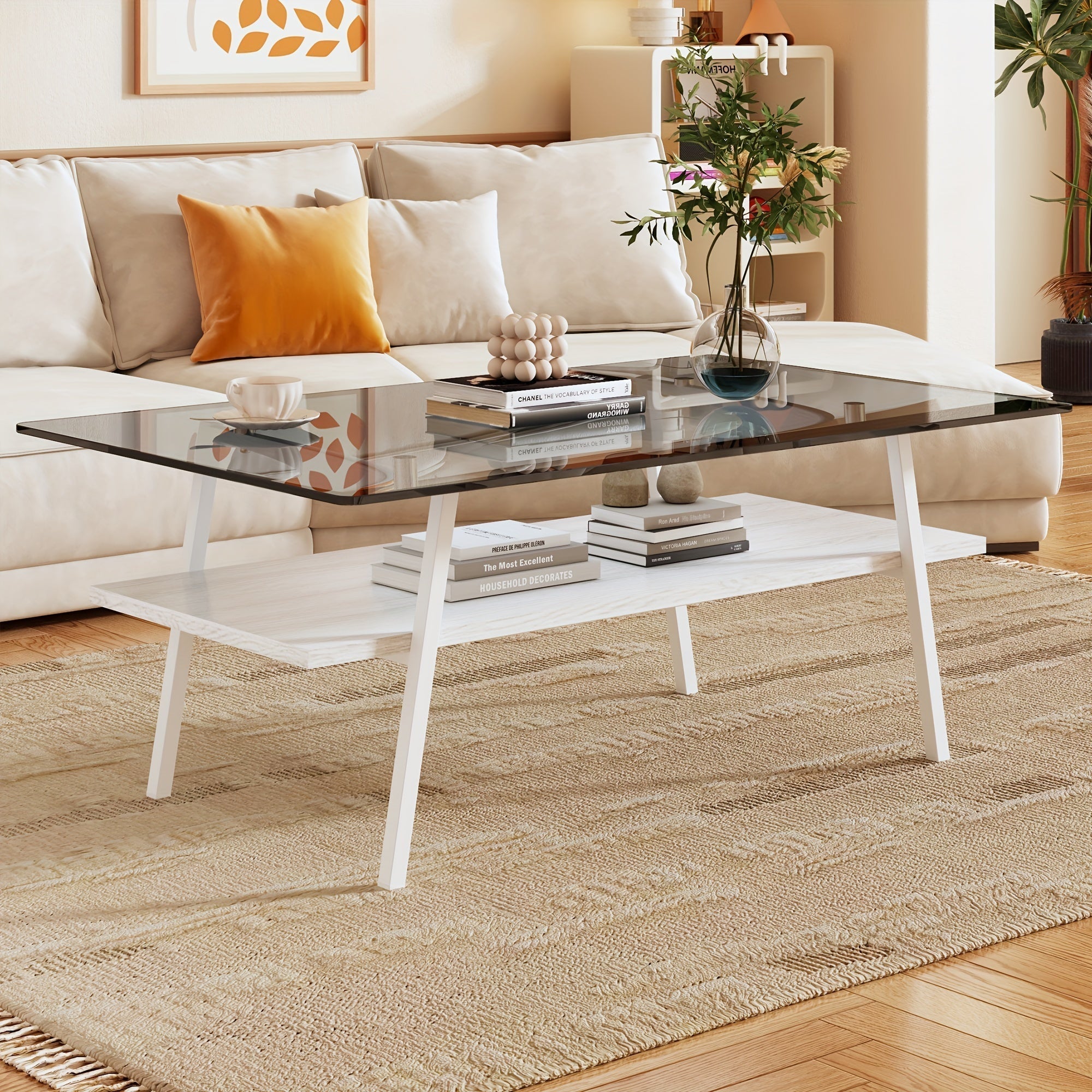 Glass Coffee Table, Mid Century 2 Tier Rectangle Accent Table, Tempered Glass Top & Wood Storage Shelf, Center Table For Living Room Apartment Small Space