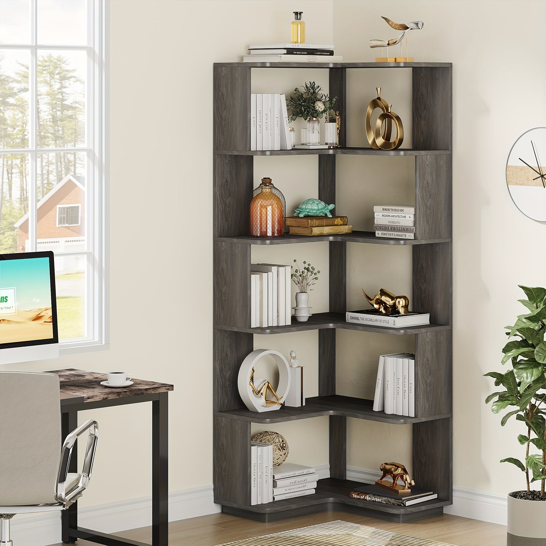 64.9 Inch Tall 6-Tier Corner Bookshelf With Anti-Drop Panel, Industrial Freestanding Display Rack And Storage Organizer For Home Office, Living Room