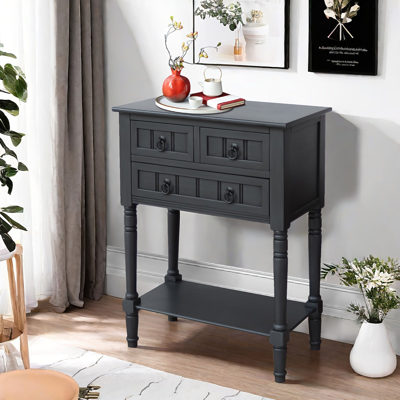 Entryway Table With Storage, Rustic Small Console Table W/ 3 Drawers & Open Bottom Shelf, Solid Wood Console Table, Narrow Sofa Side Table For Living Room, Foyer, Hallway, Entry Table (Dimensions in cm).