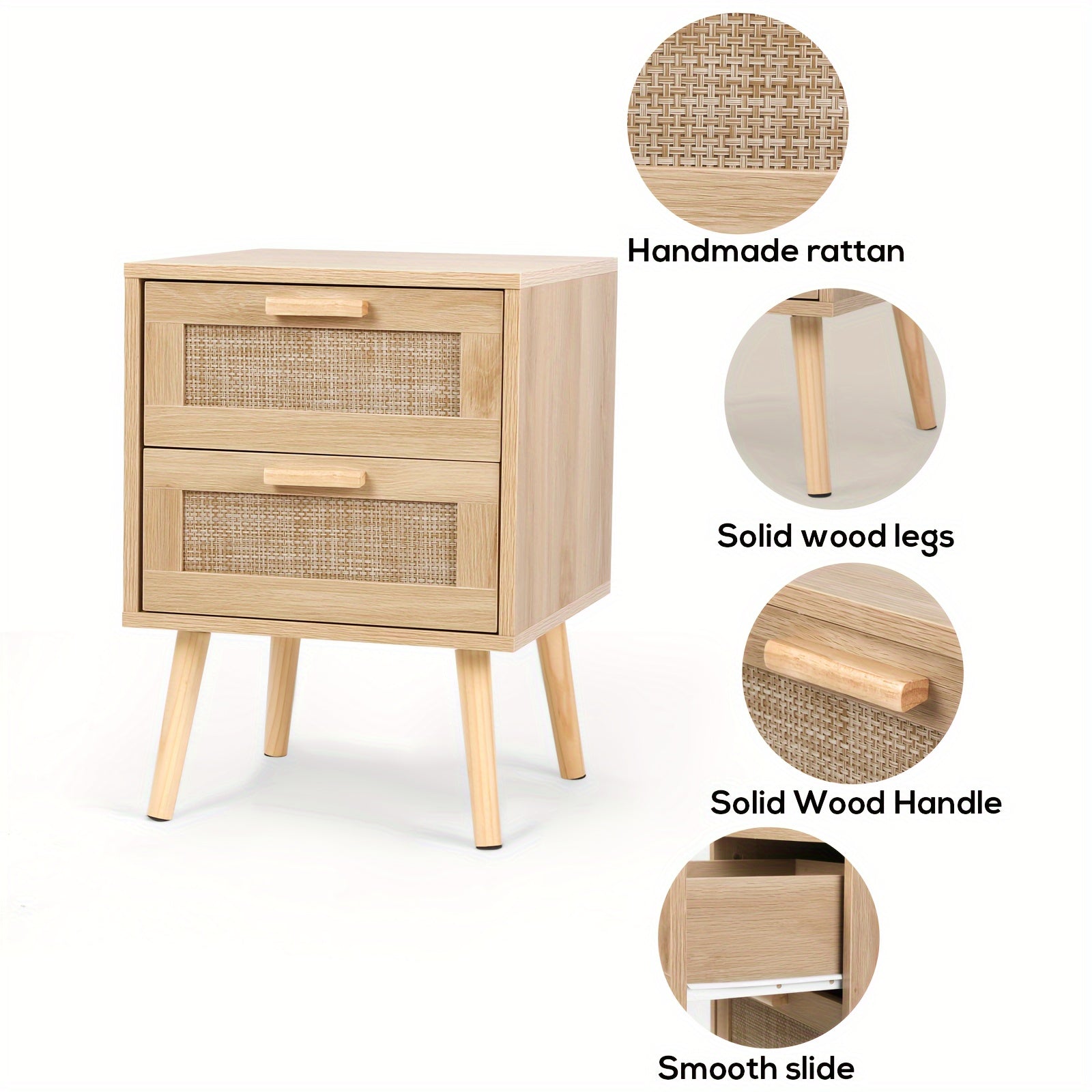 2pcs Rattan Nightstand Set, Wooden End Table With 2 Drawers, Solid Wood Legs, Bedroom Side Table With Handmade Rattan Accents, Smooth Slide, Easy Assembly For Home Decor