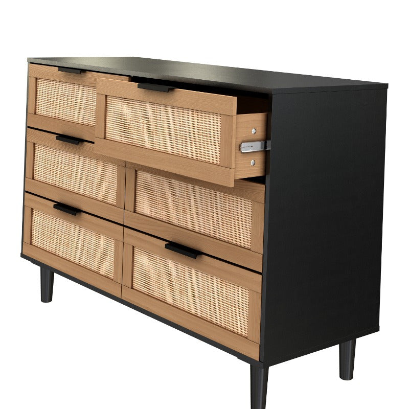 6 Drawer Rattan Dresser for Bedroom & Living Room, Spacious Storage, Stylish Design, Durable Build, Elegant Black Finish, Ideal Furniture Choice