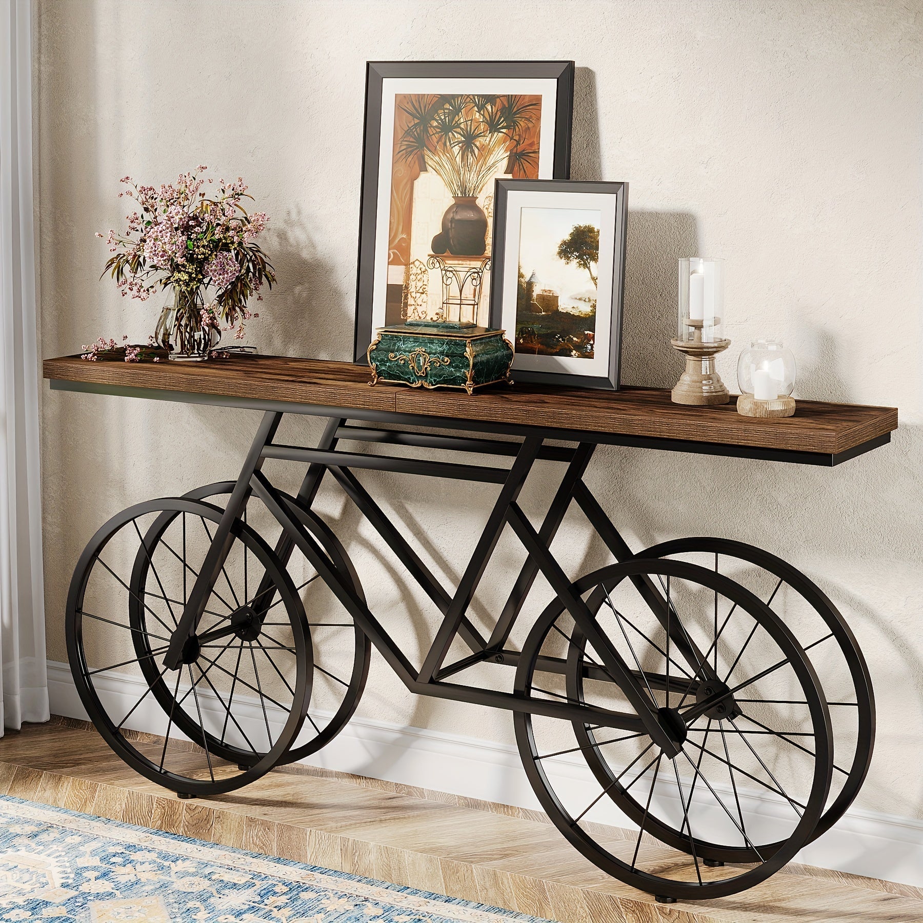 180 cm Extra Long Console Table, Narrow Sofa Table with Bicycle Metal Base, Modern Industrial Entryway Table for Living Room, Hallway, Entrance, Foyer