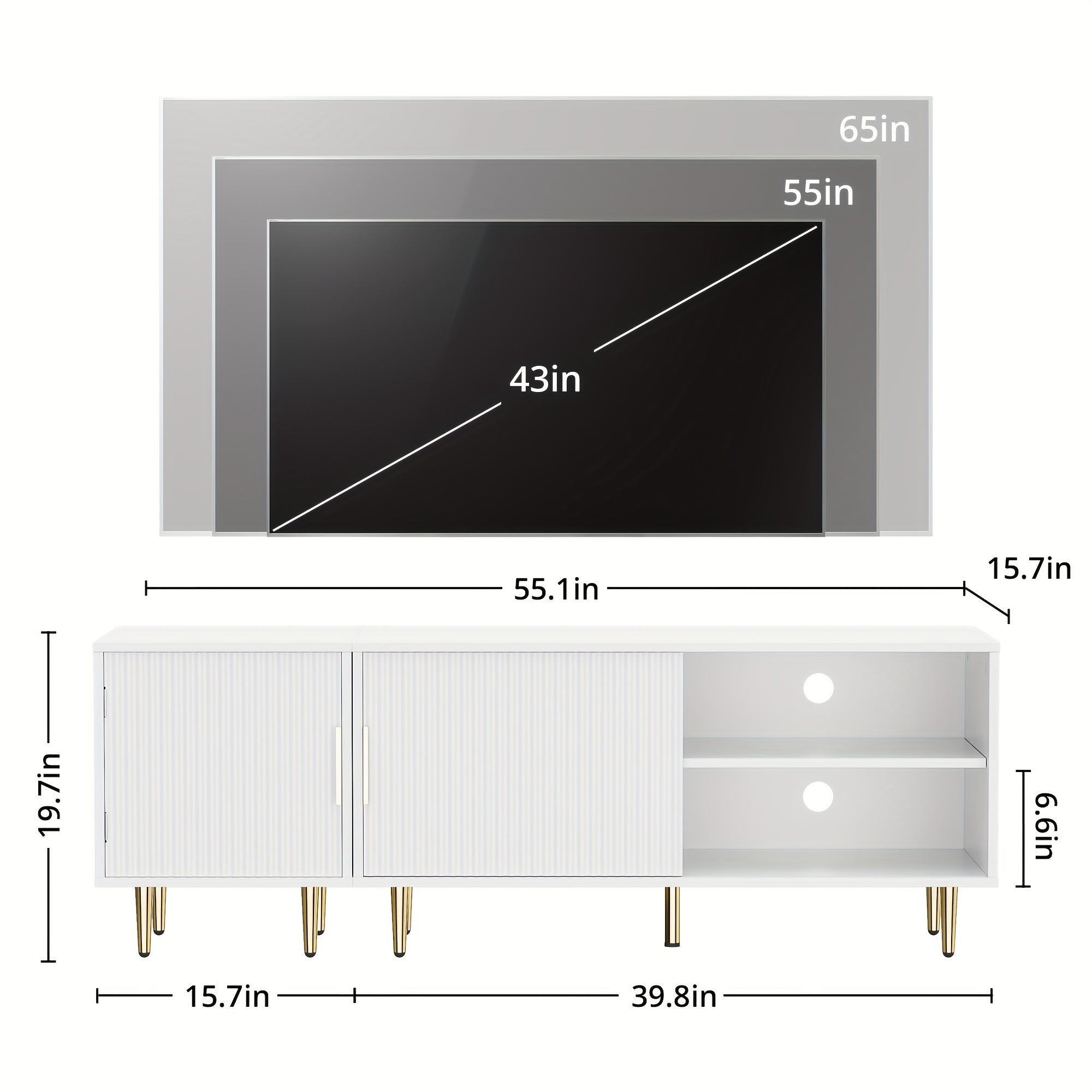 Modern Entertainment Center for 55/60/65 inch TV, Combined TV Media Stand with Storage Cabinet and Open Shelves, TV Console with Golden Legs for Living Room, Bedroom and Office, White/Black