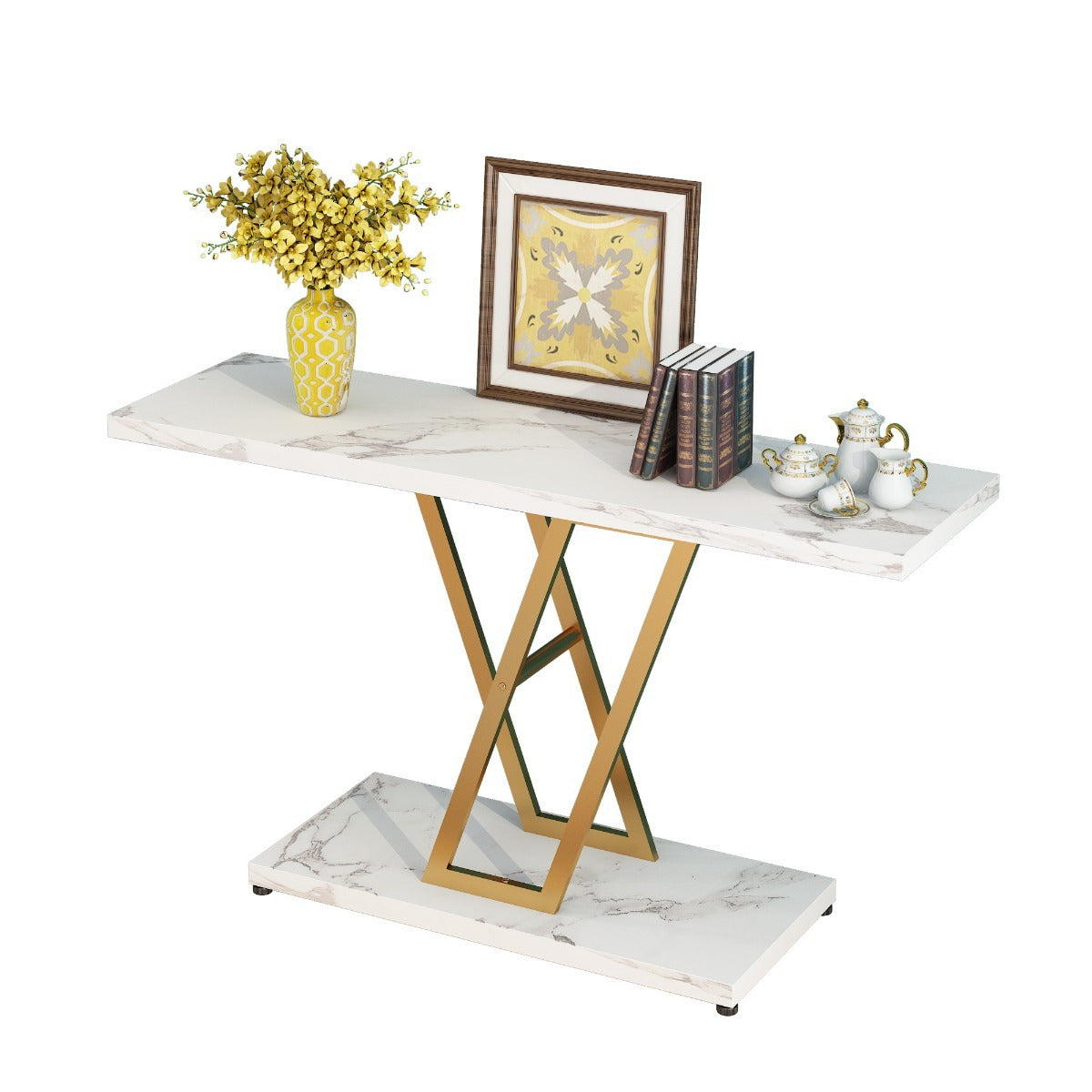 Console Table: 106.68 cm Industrial Entryway Table for Living Room - Narrow Sofa Table with Sturdy Metal Frame, Easy Assembly in Elegant Golden/White - Perfect for Holiday Decor and Creating a Warm, Welcoming Entrance