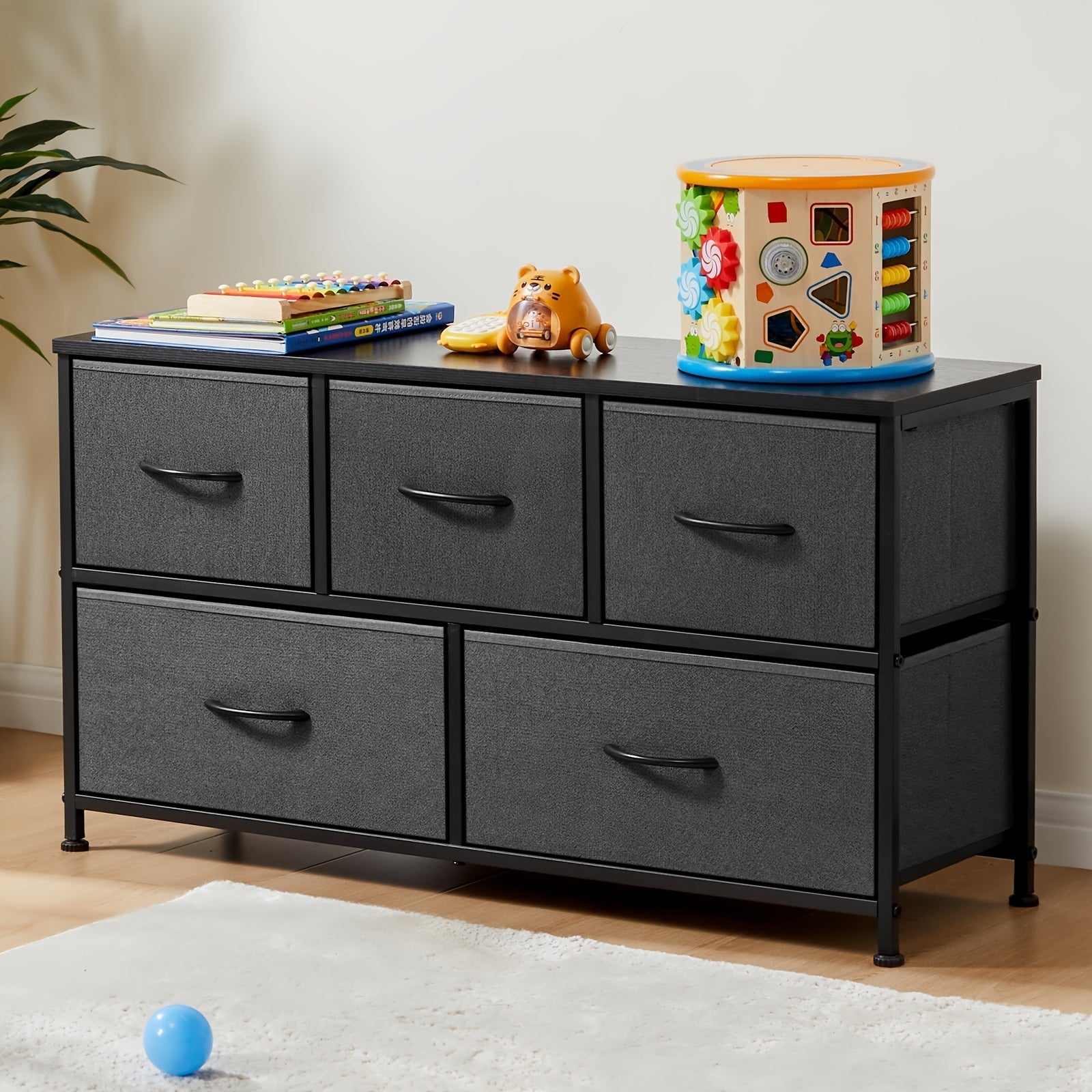 Dresser for Bedroom with 5 Fabric Drawers, Small Chest Organizer Units for Clothing, Closet, Storage Tower with Cabinet, Metal Frame, Wooden Top, Lightweight Furniture For Lab