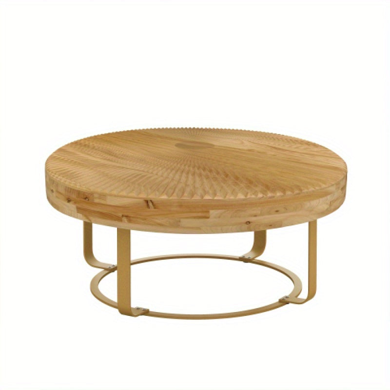 Modern Round Coffee Table Wooden Carving Pattern Coffee Table with Metal Legs for Living Room Reception Room Office Golden